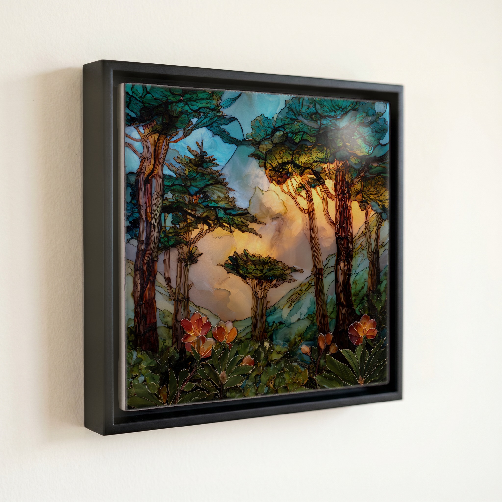 shown in a slim black floating frame · 6 × 6 in