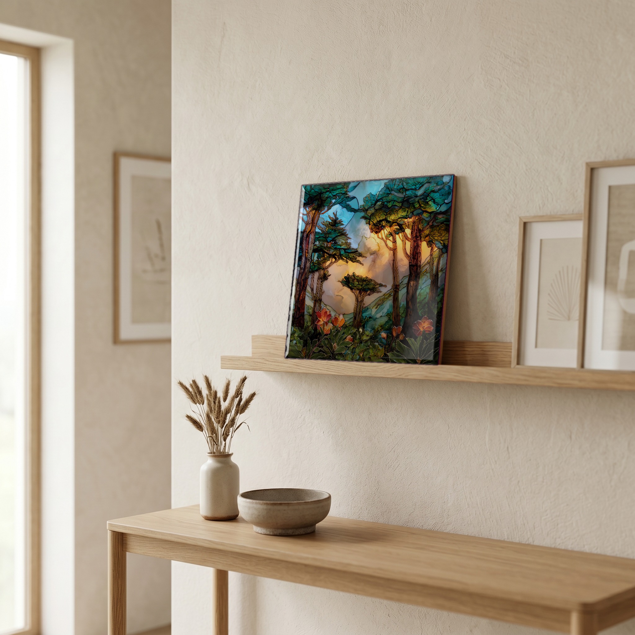 On a picture ledge, where the light comes in.