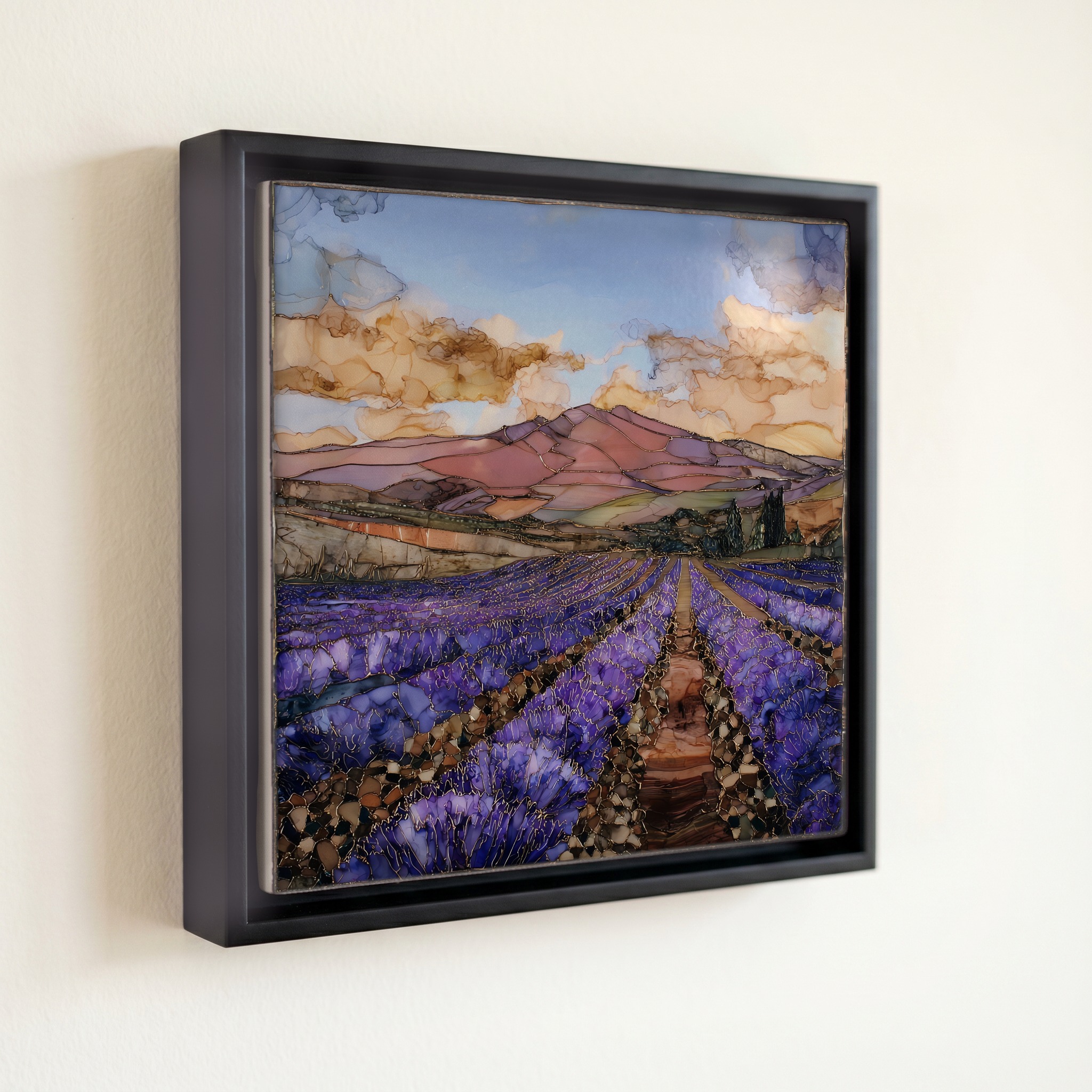 shown in a slim black floating frame · 6 × 6 in