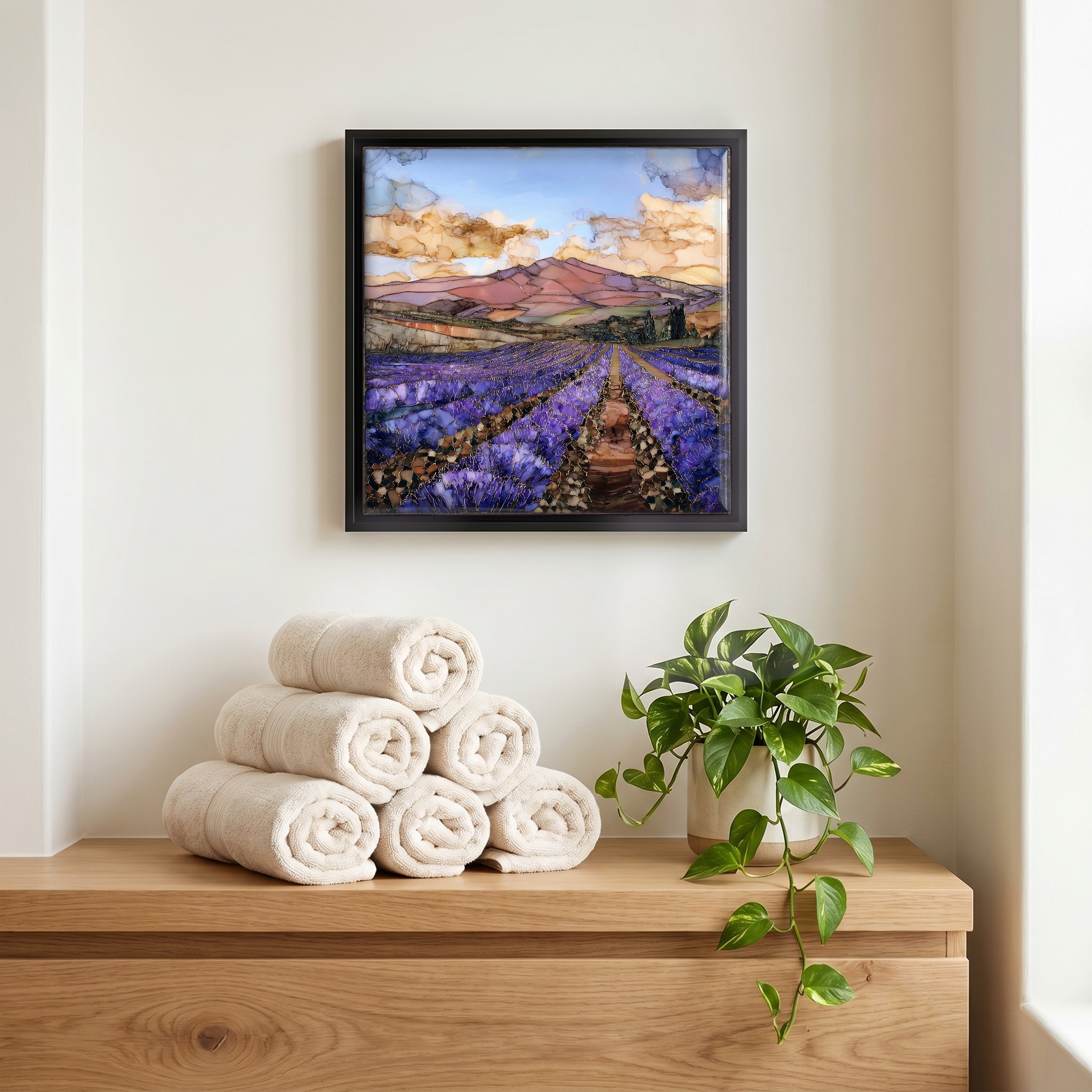 Above the linens, in a slim black surround.