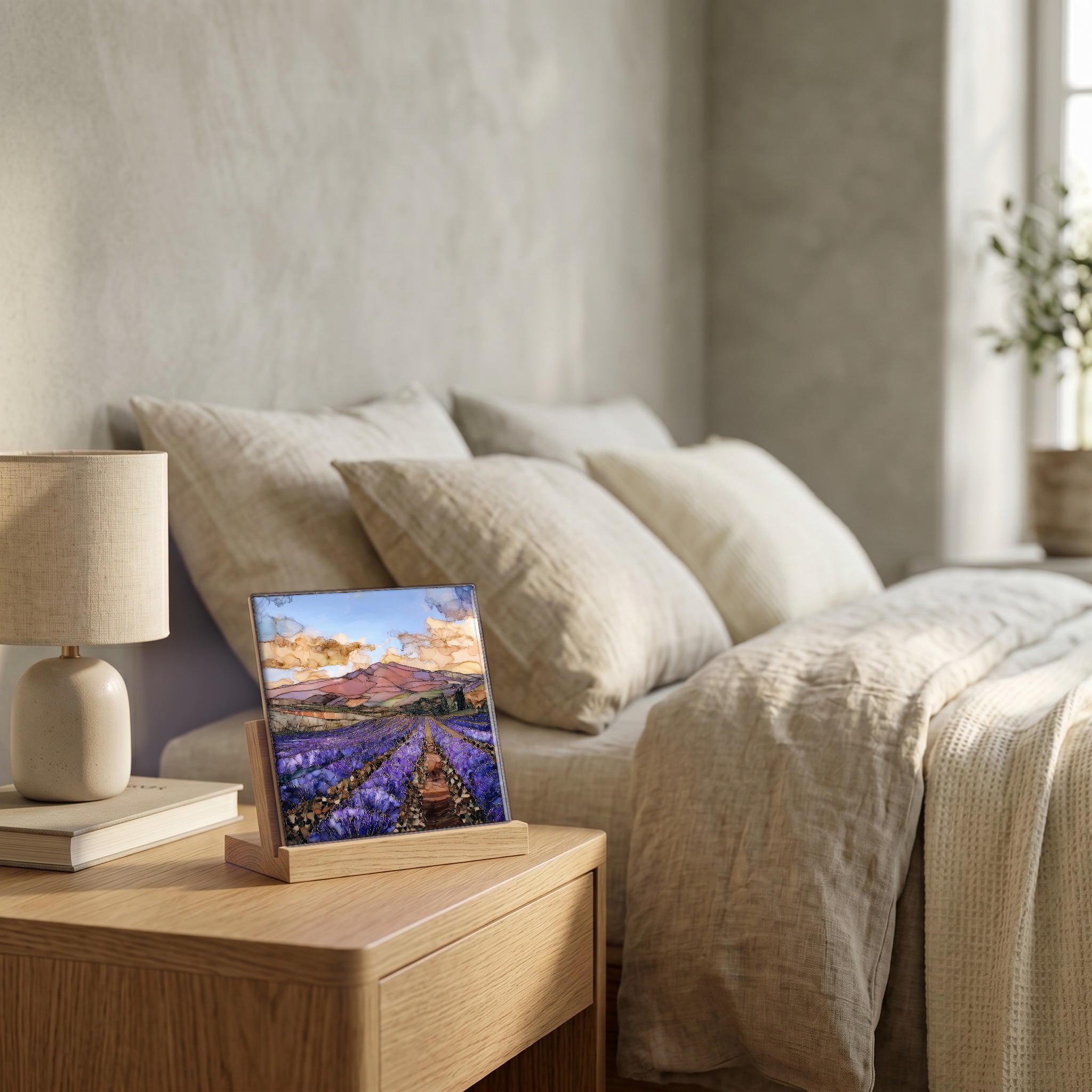 On the nightstand, on a light oak stand.