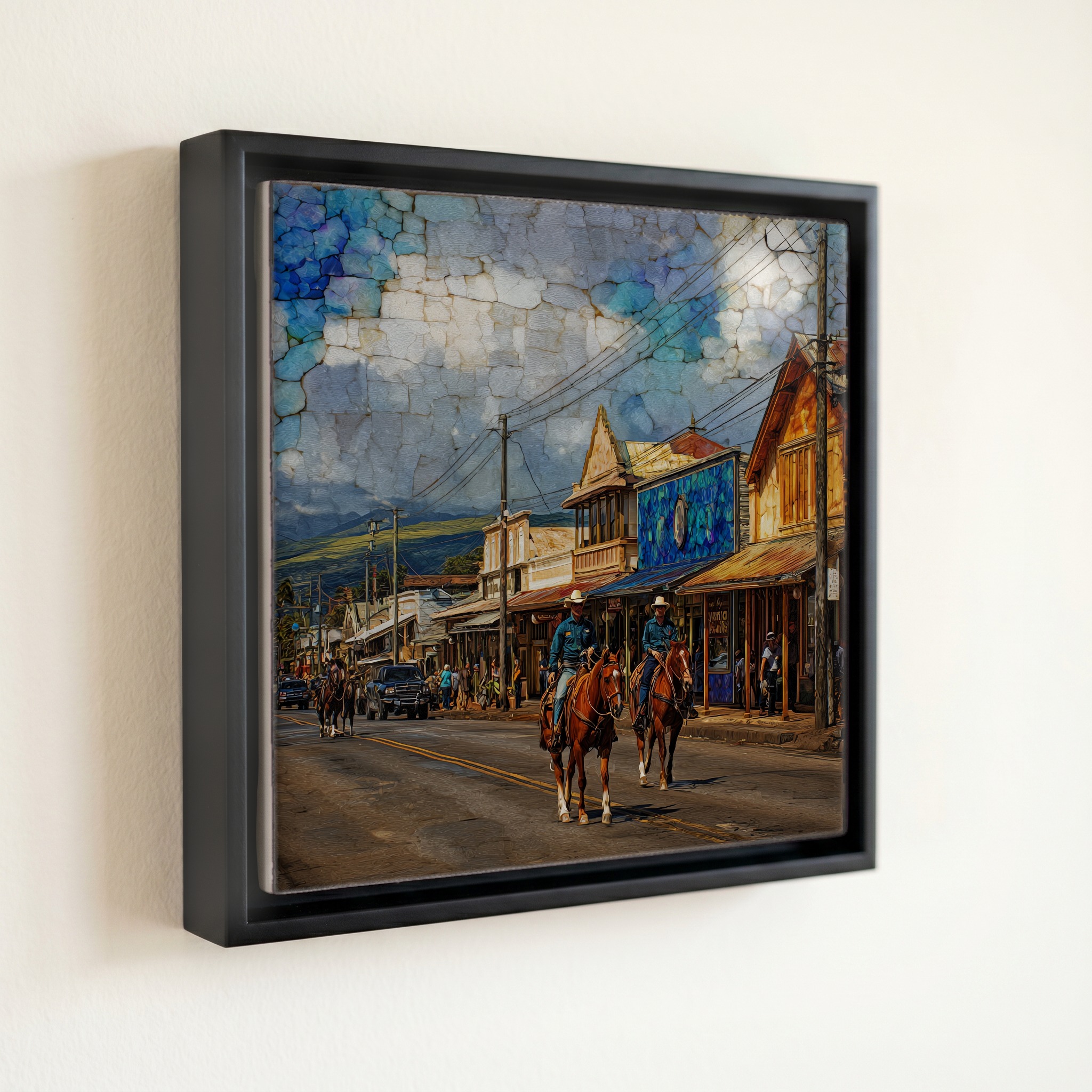 shown in a slim black floating frame · 6 × 6 in