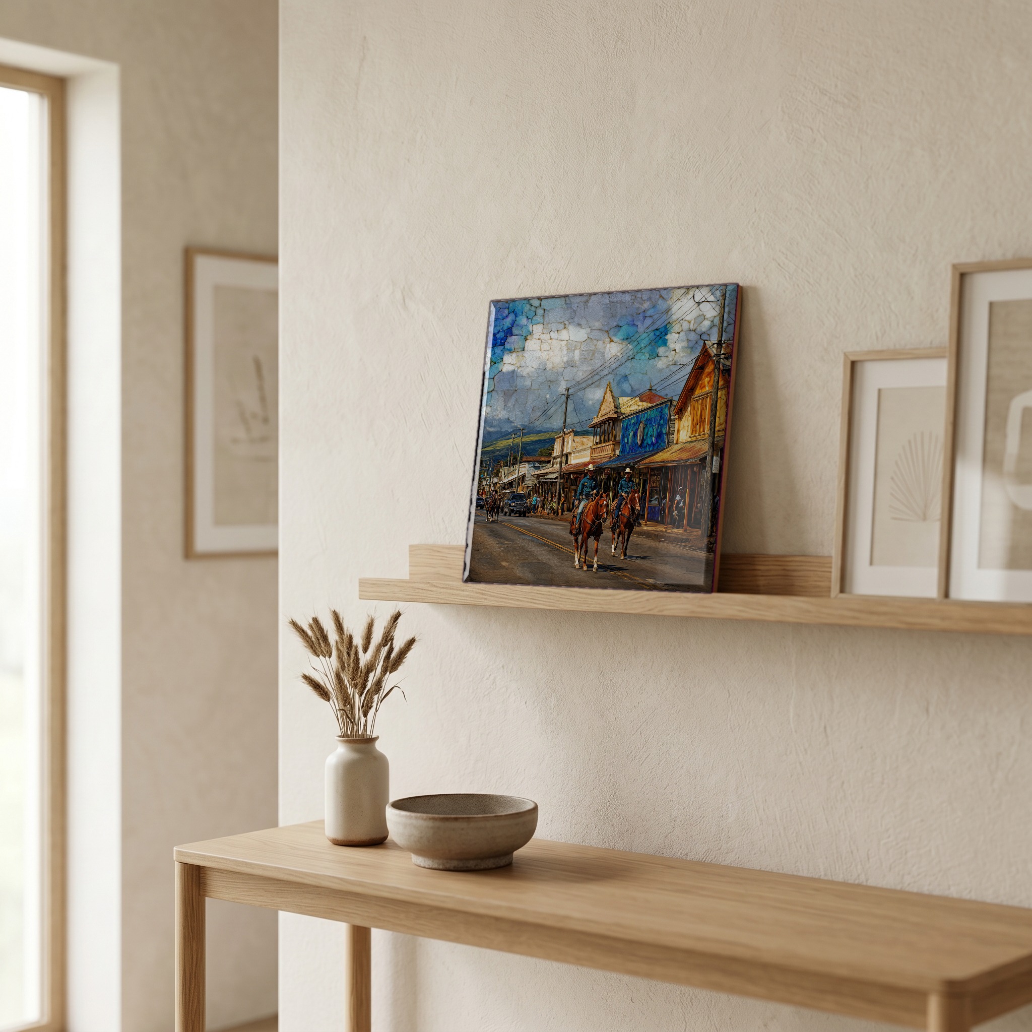 On a picture ledge, where the light comes in.