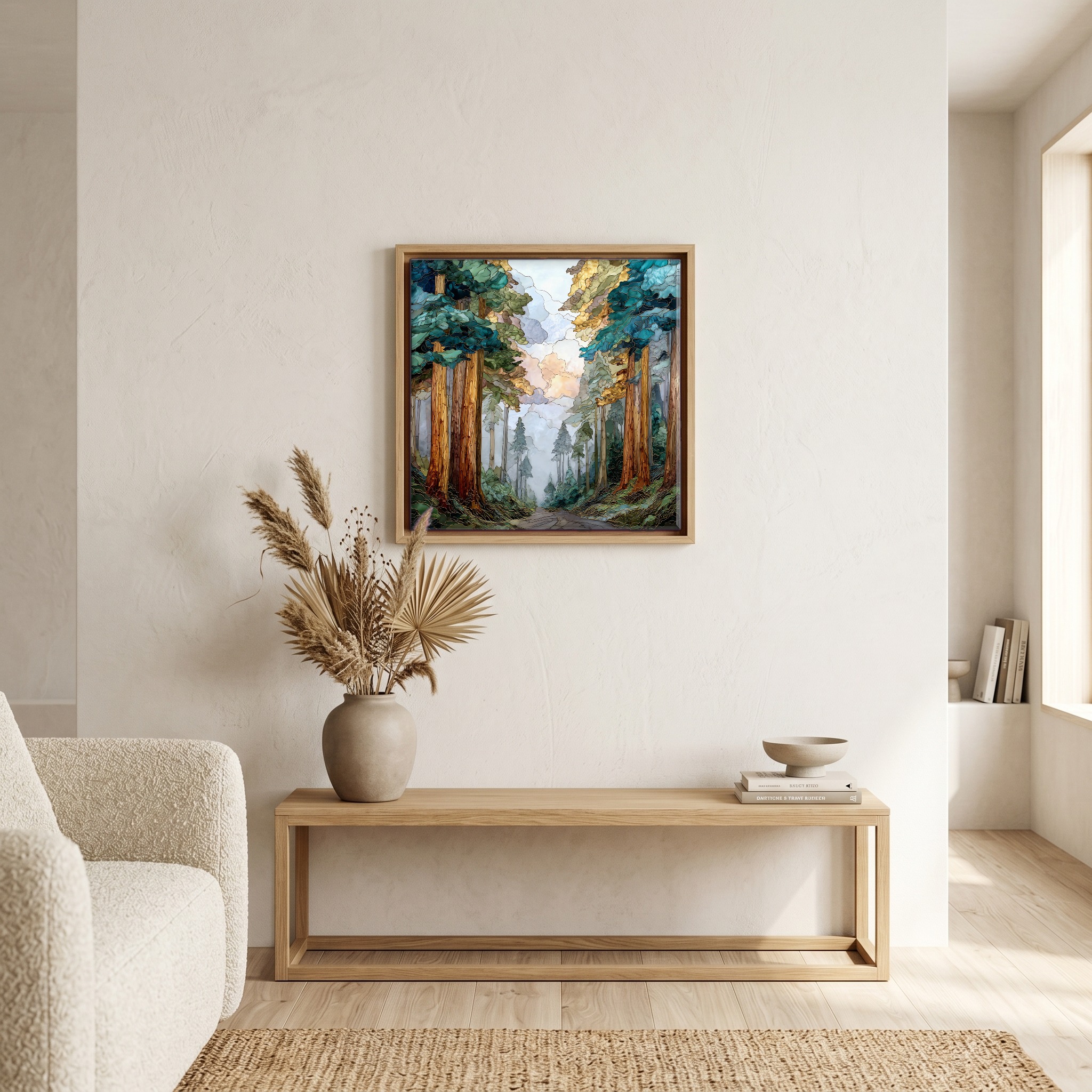 Above the bench, in a warm oak surround.