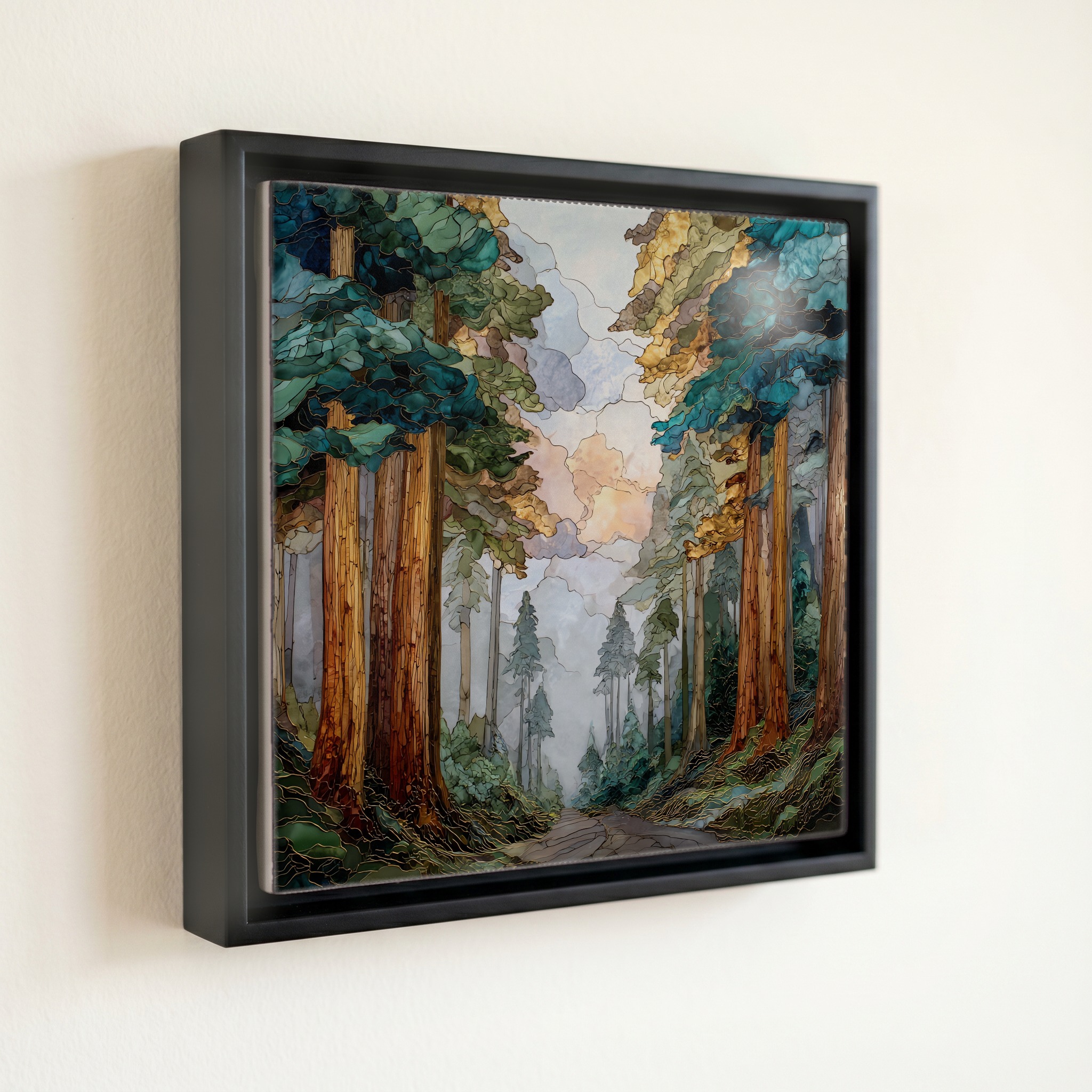 shown in a slim black floating frame · 6 × 6 in