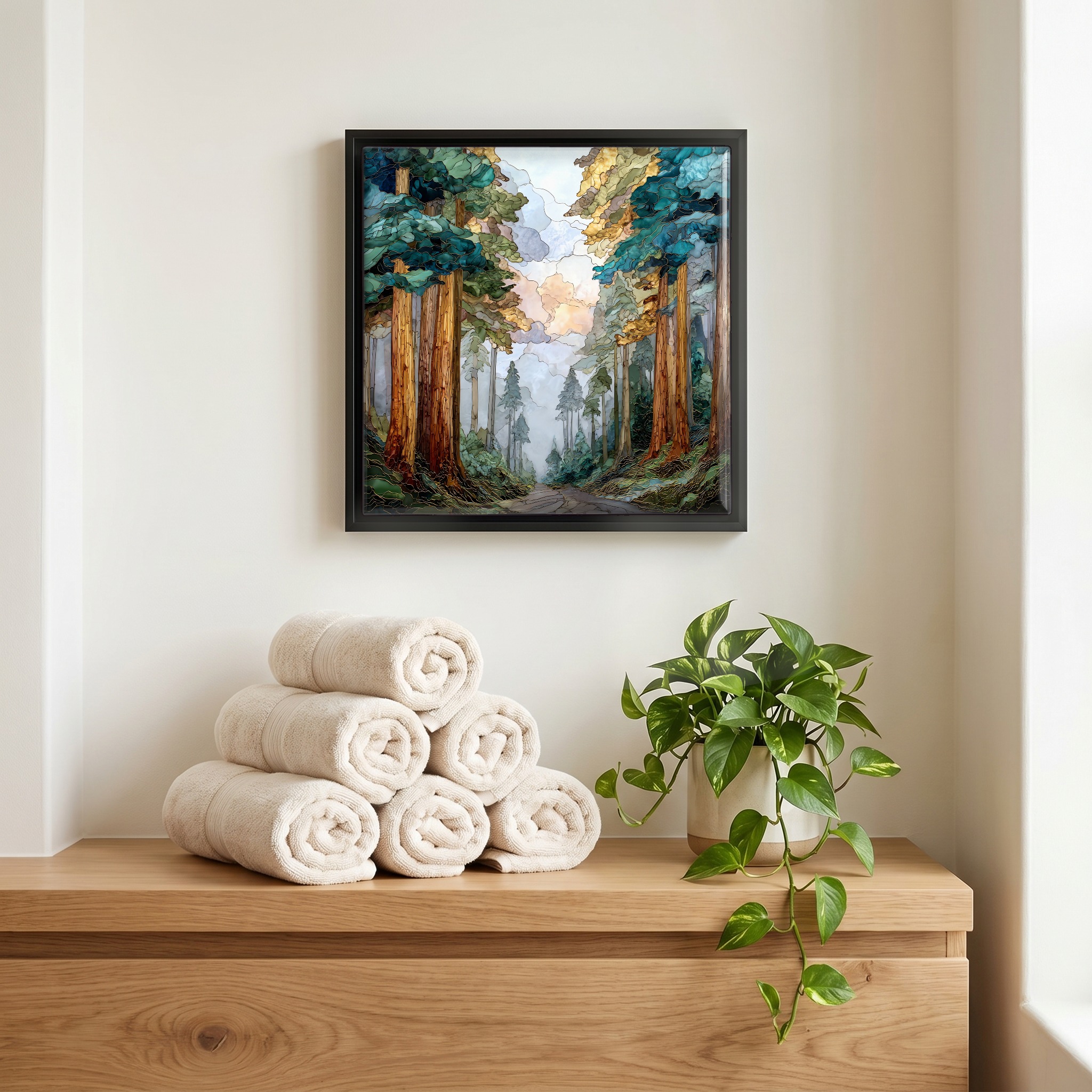 Above the linens, in a slim black surround.