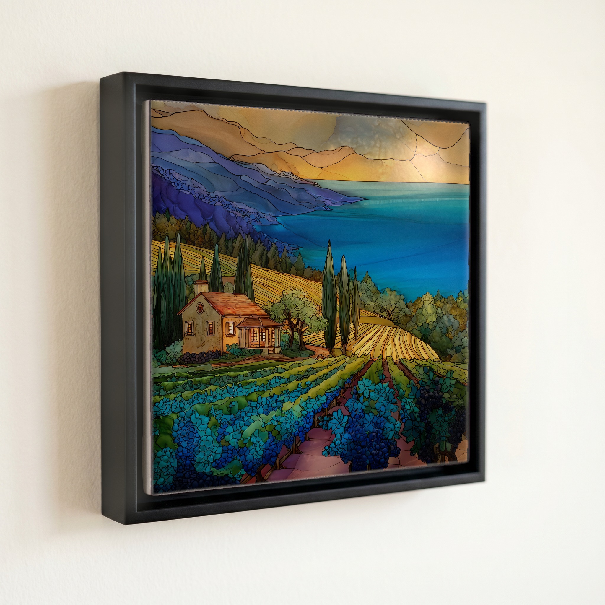 shown in a slim black floating frame · 6 × 6 in