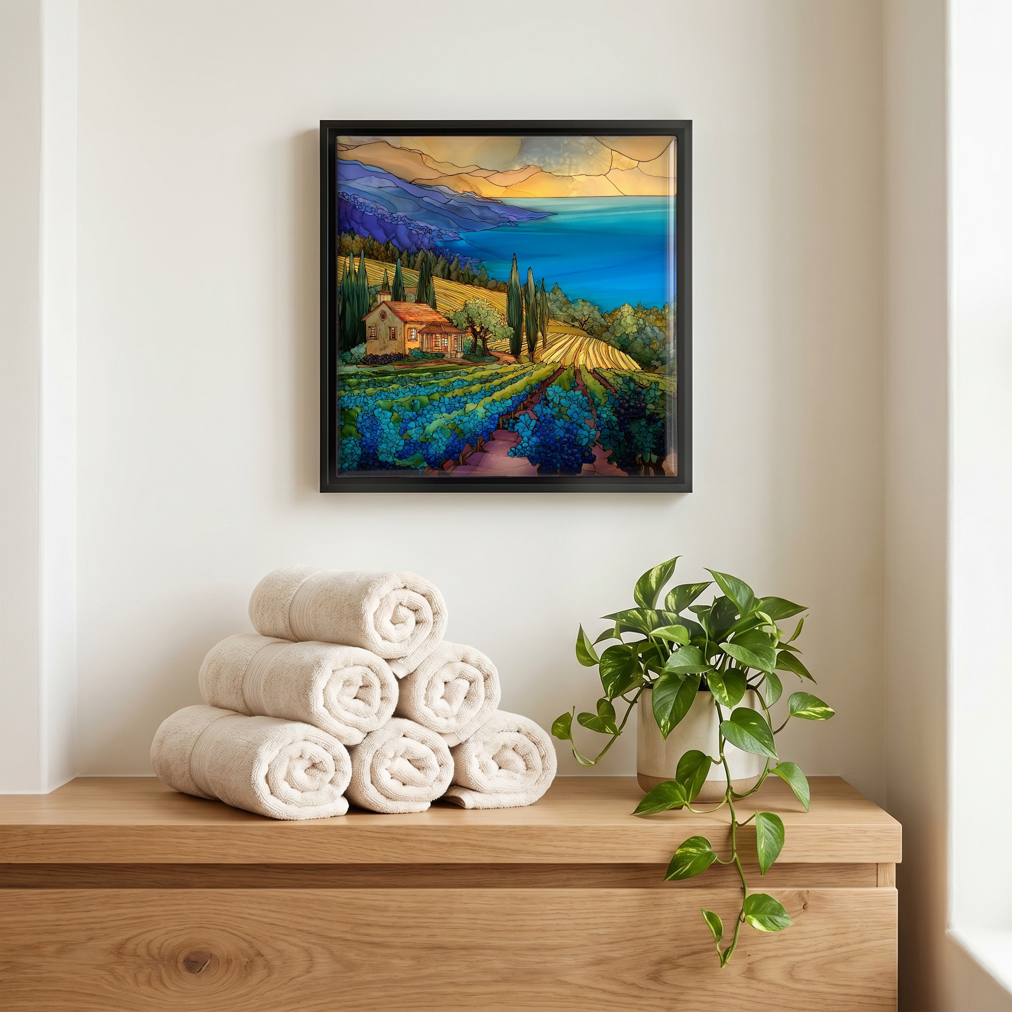 Above the linens, in a slim black surround.