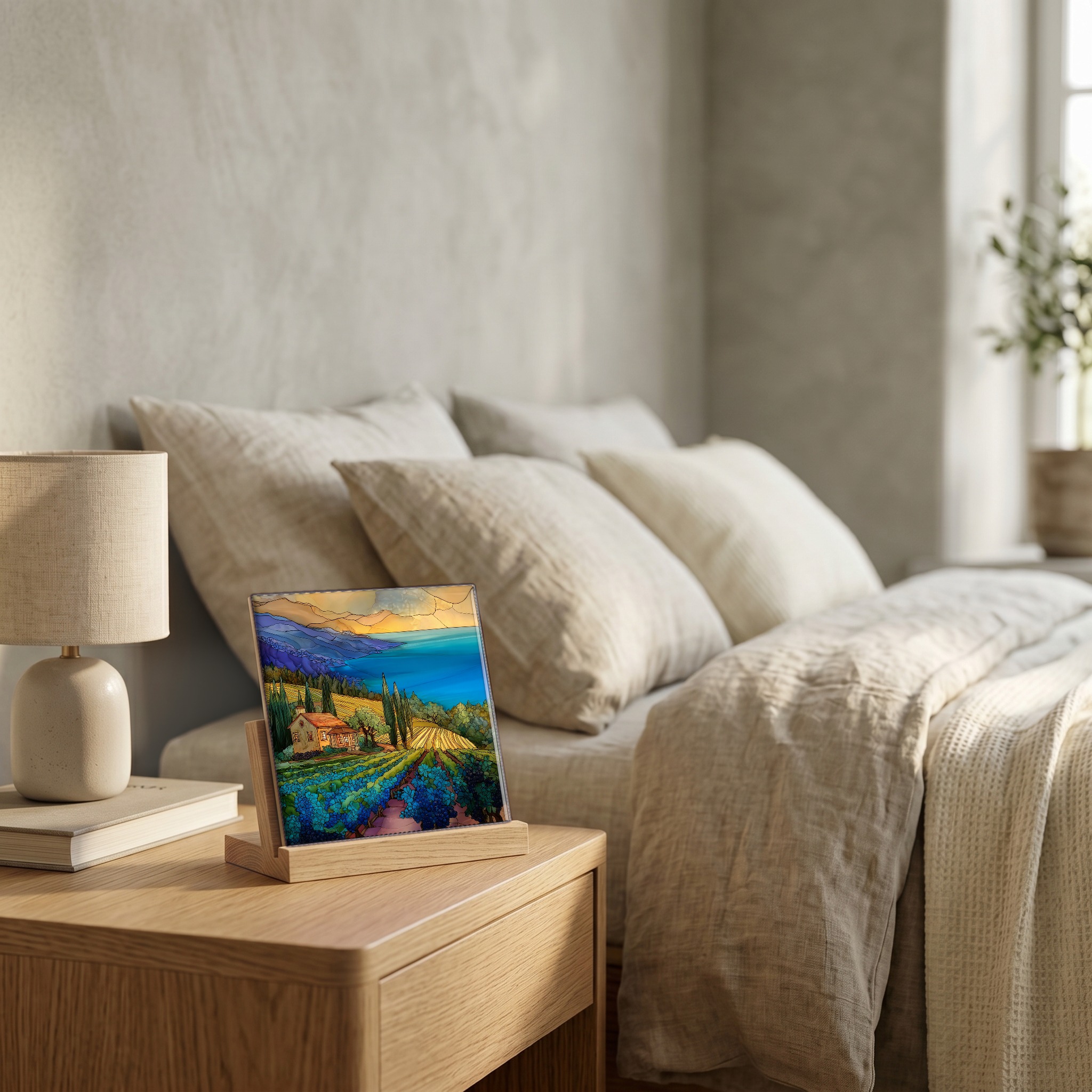 On the nightstand, on a light oak stand.
