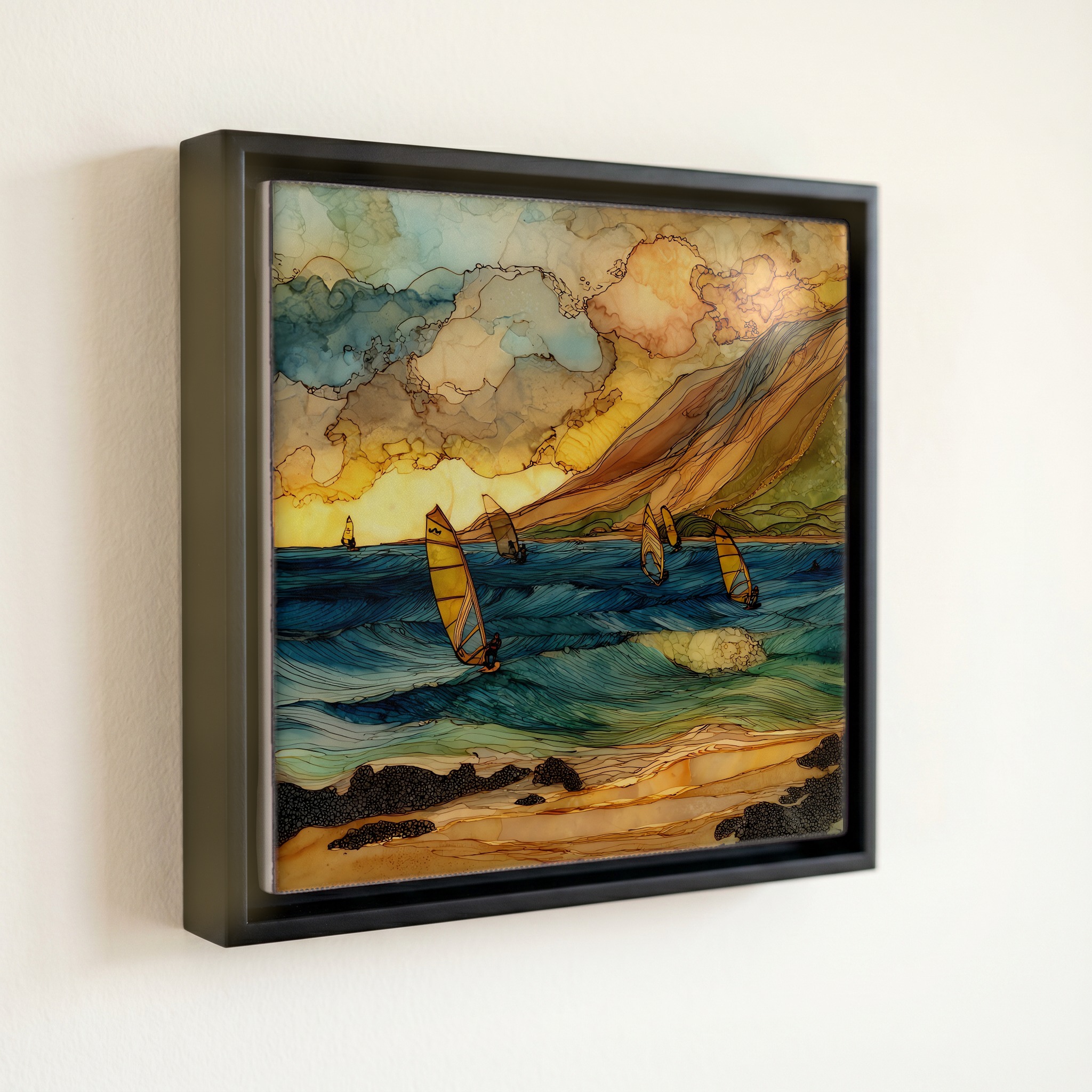 shown in a slim black floating frame · 6 × 6 in