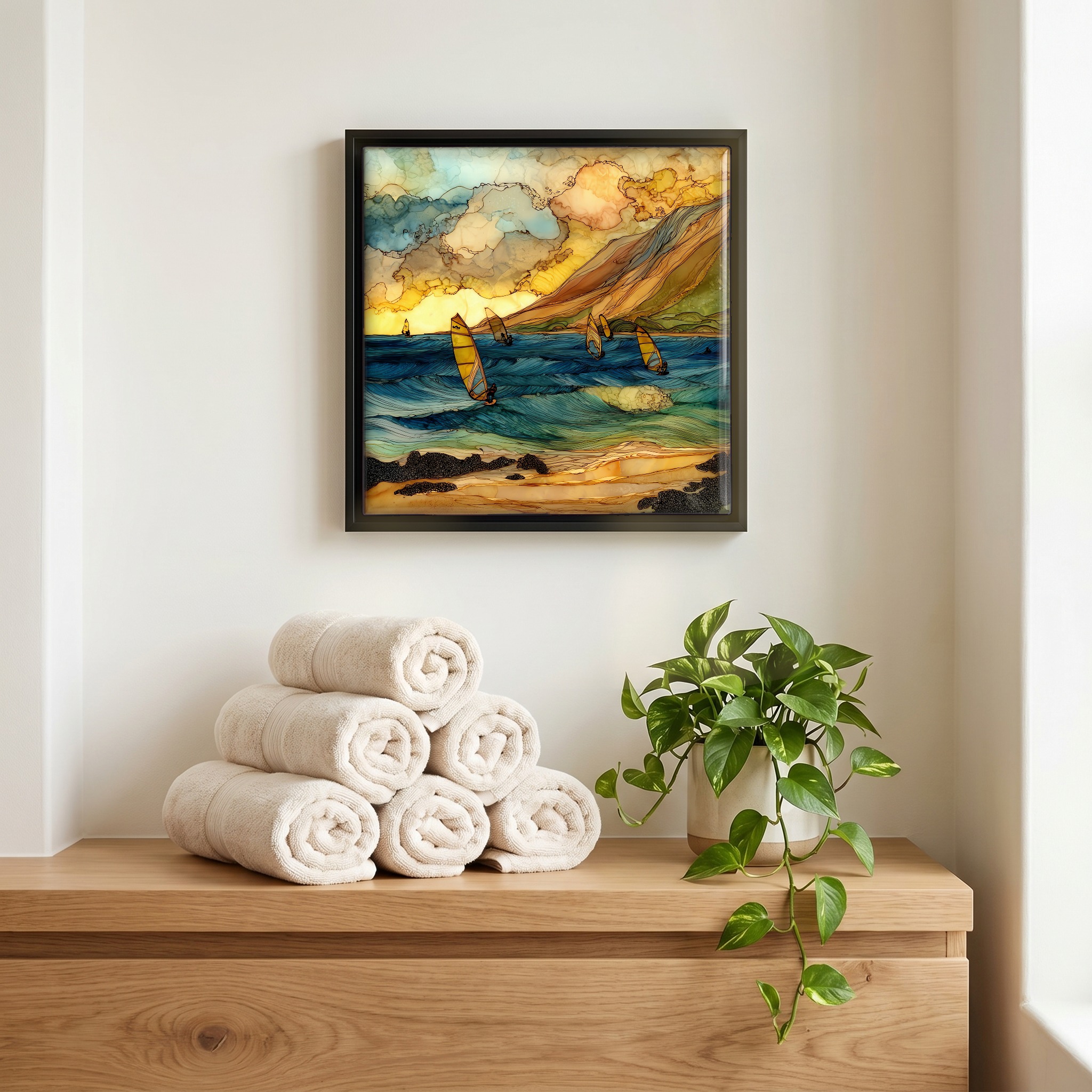 Above the linens, in a slim black surround.