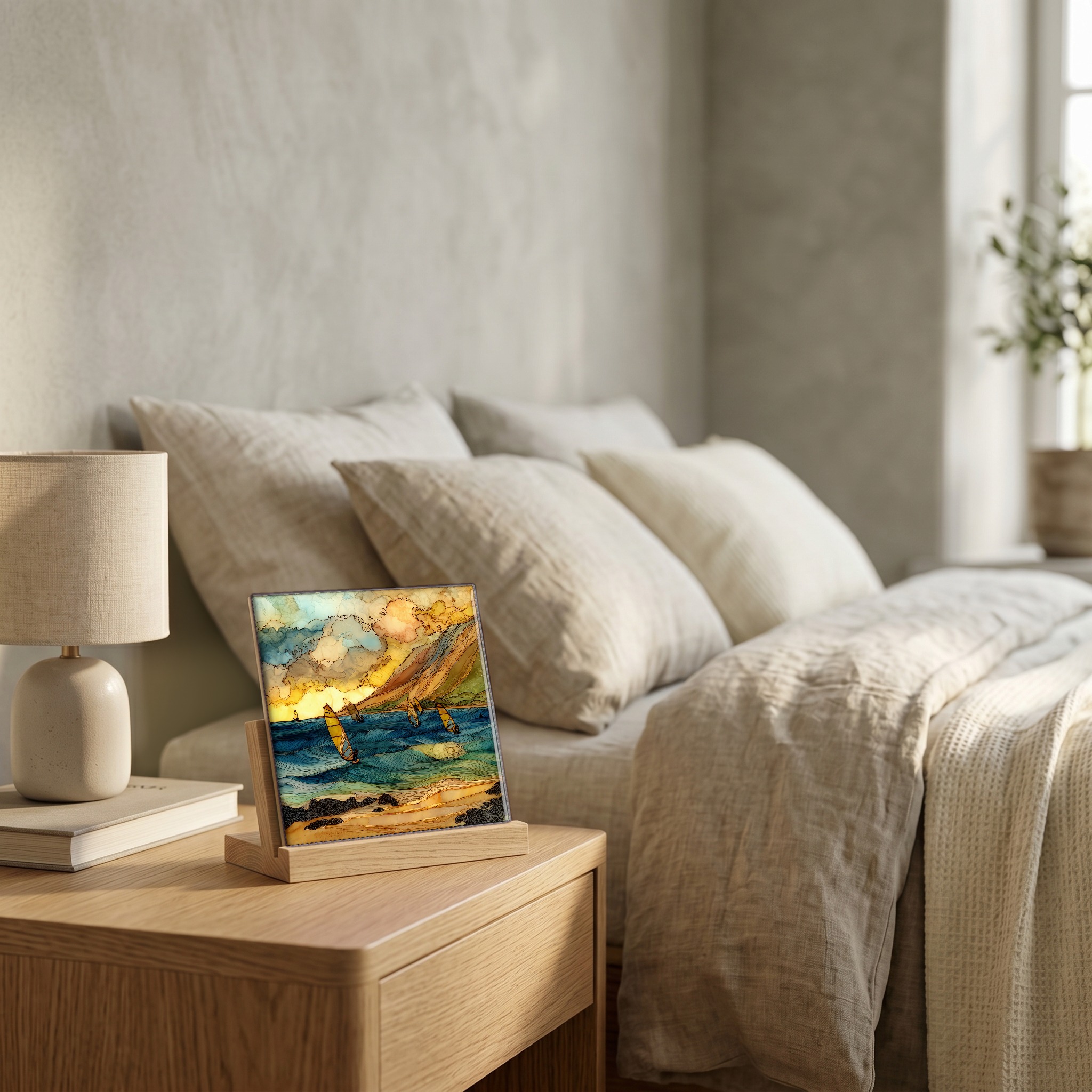 On the nightstand, on a light oak stand.
