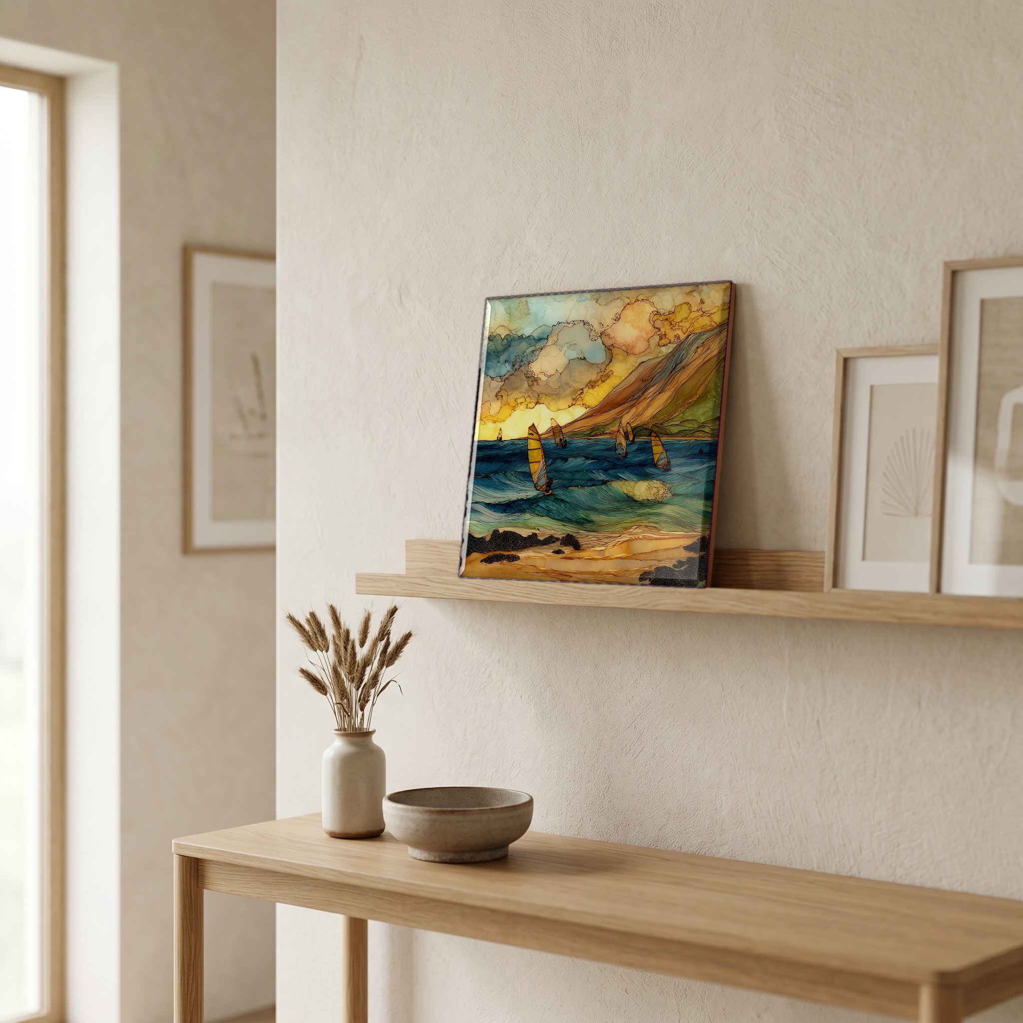 On a picture ledge, where the light comes in.