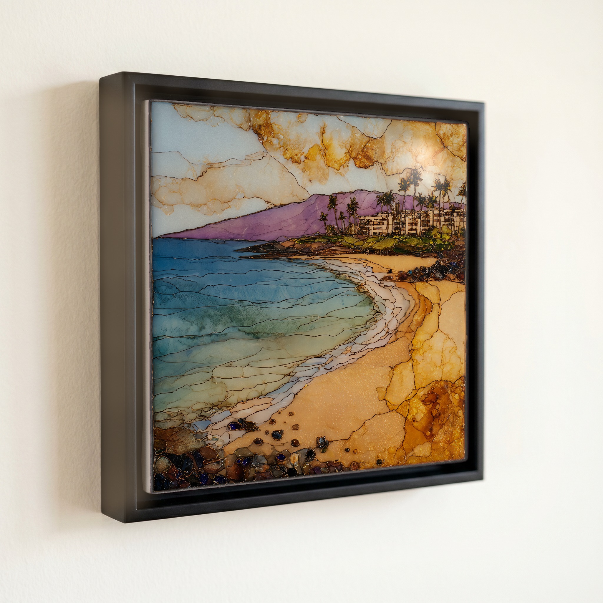 shown in a slim black floating frame · 6 × 6 in
