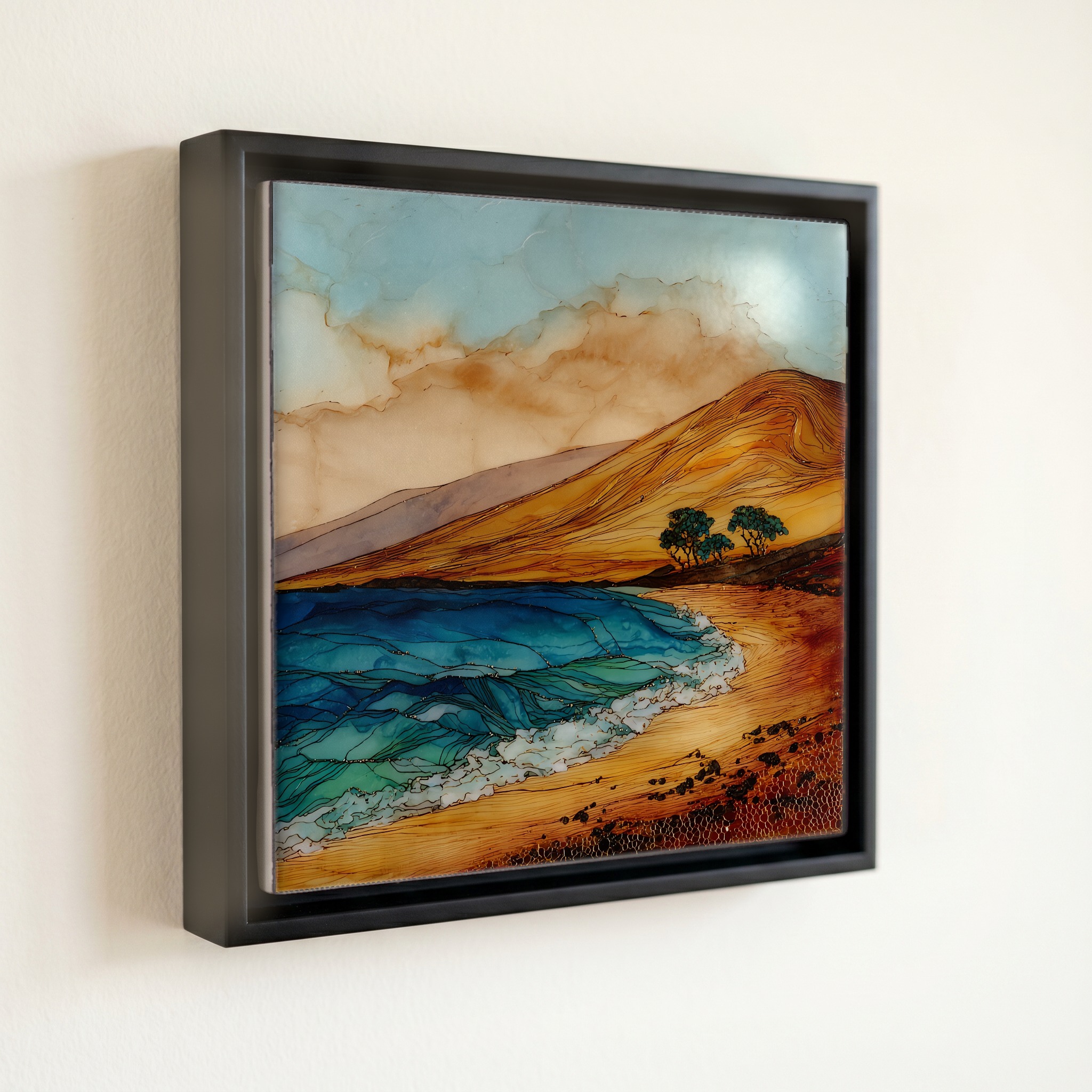 shown in a slim black floating frame · 6 × 6 in