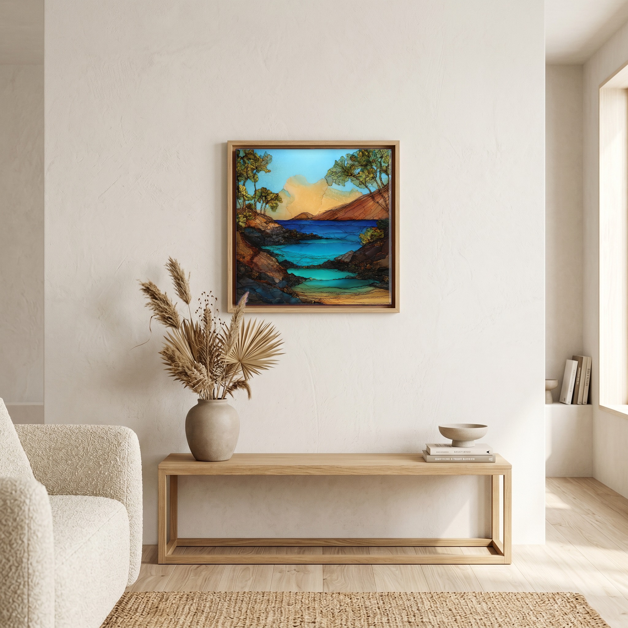 Above the bench, in a warm oak surround.