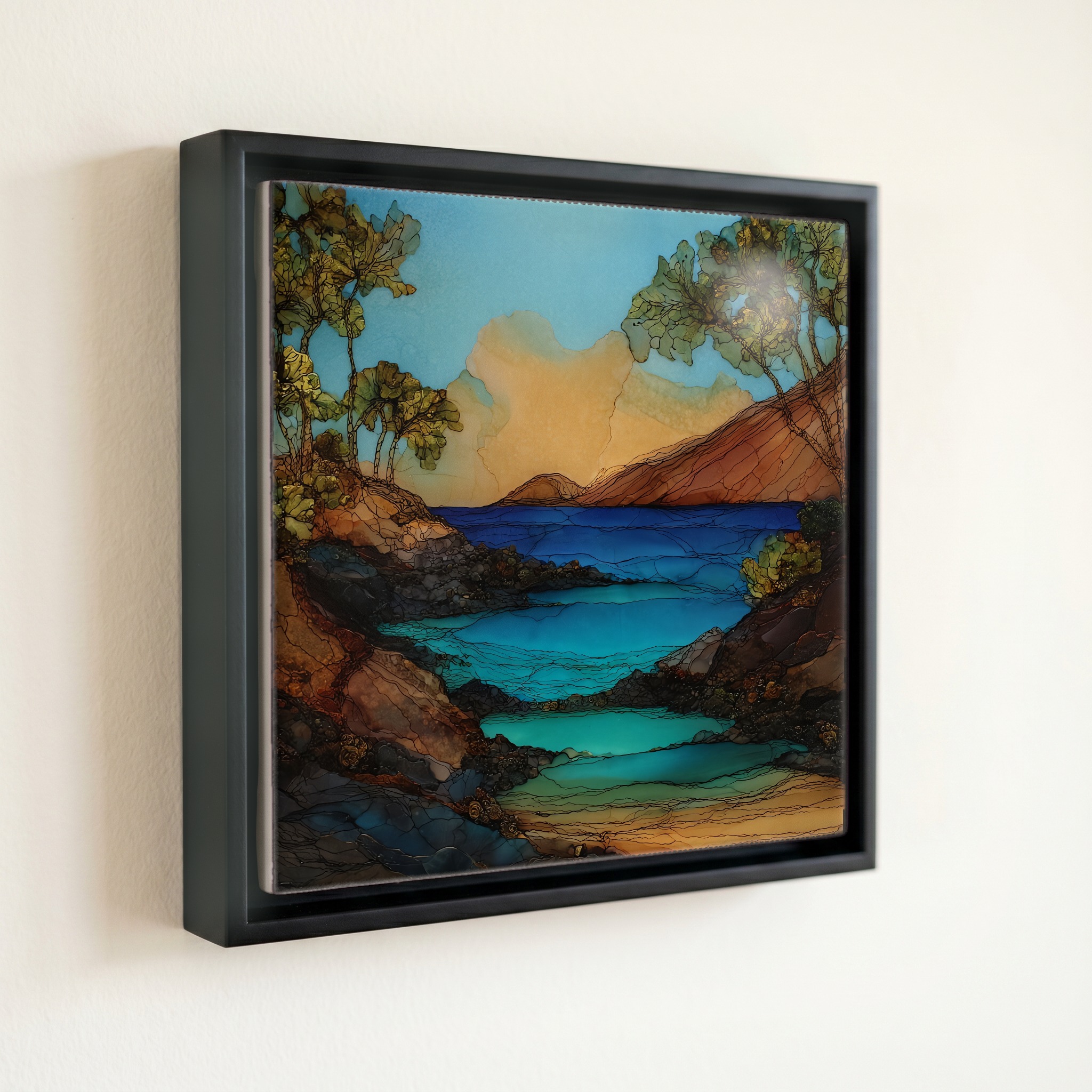shown in a slim black floating frame · 6 × 6 in