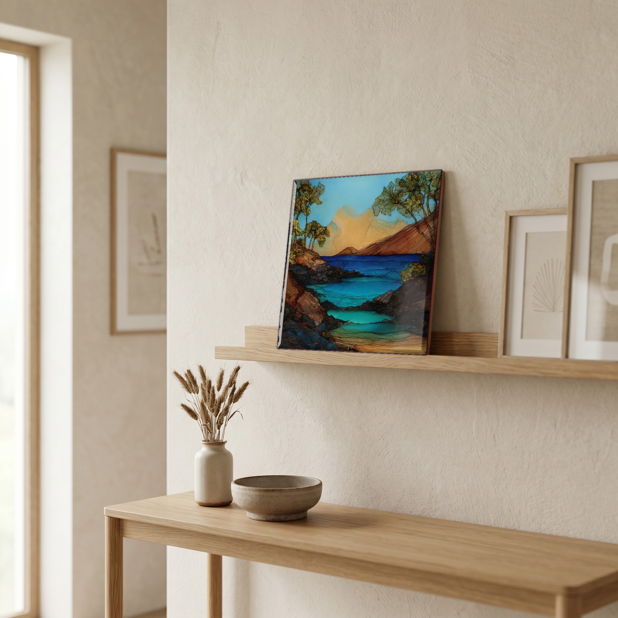 On a picture ledge, where the light comes in.