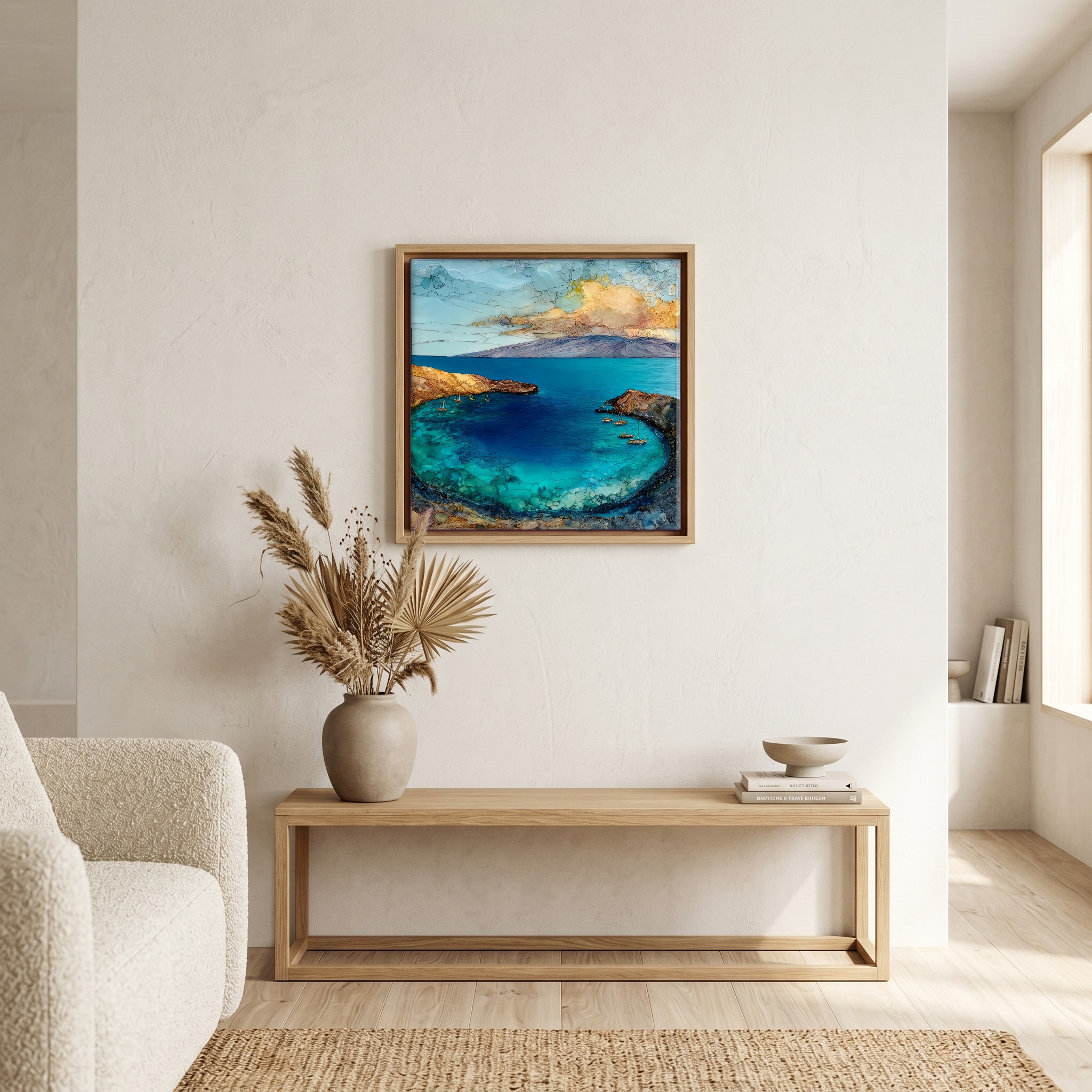 Above the bench, in a warm oak surround.