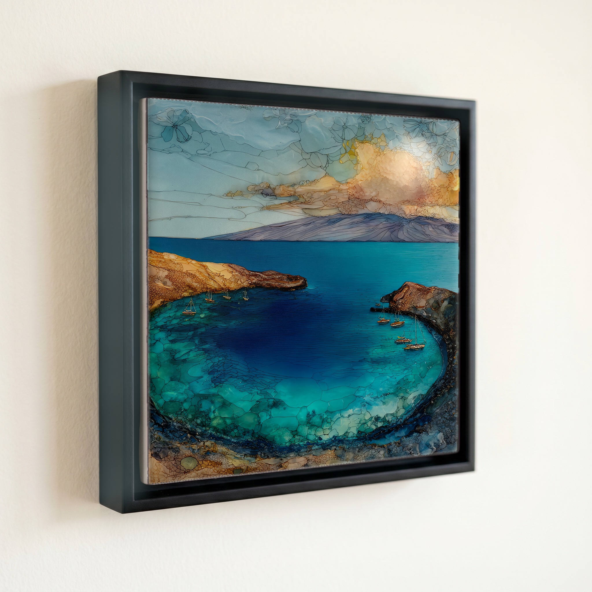 shown in a slim black floating frame · 6 × 6 in