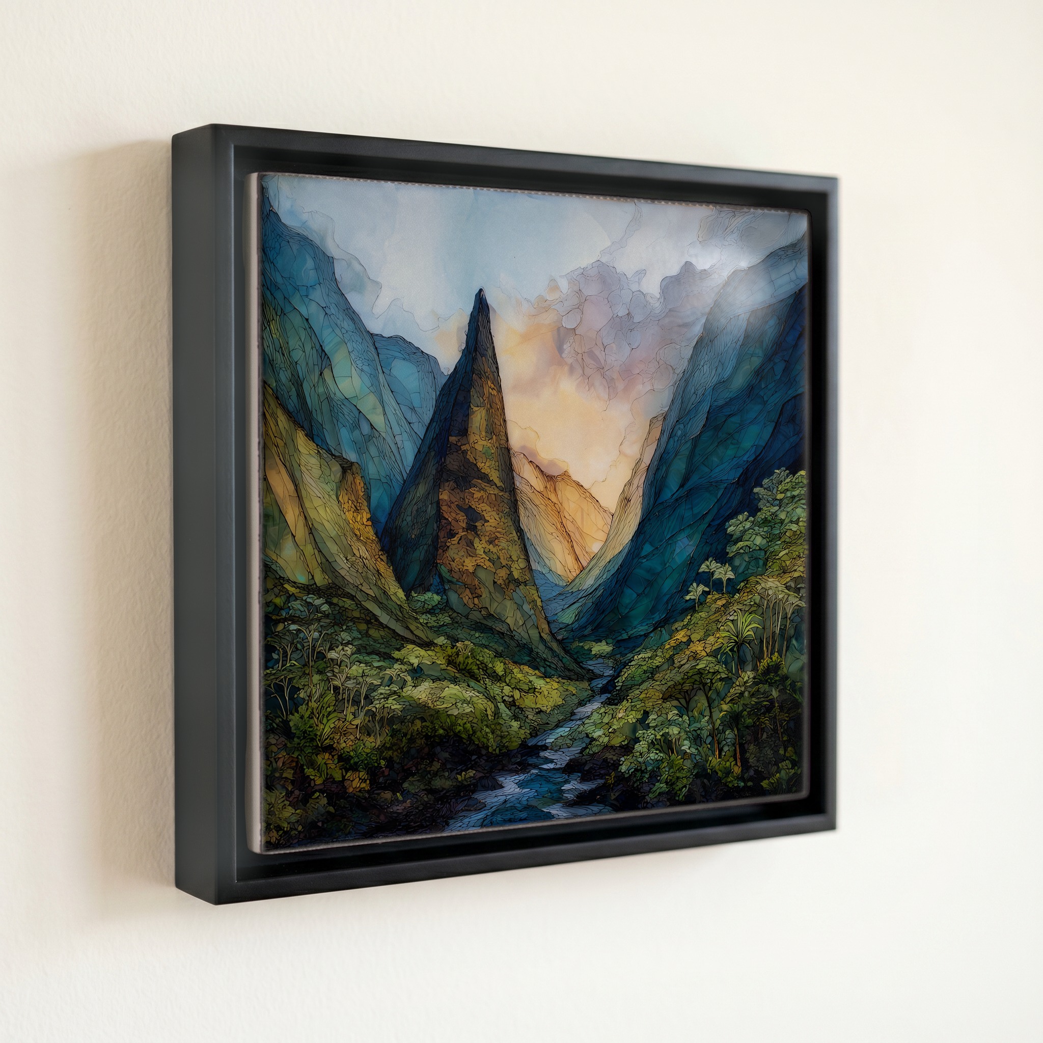 shown in a slim black floating frame · 6 × 6 in