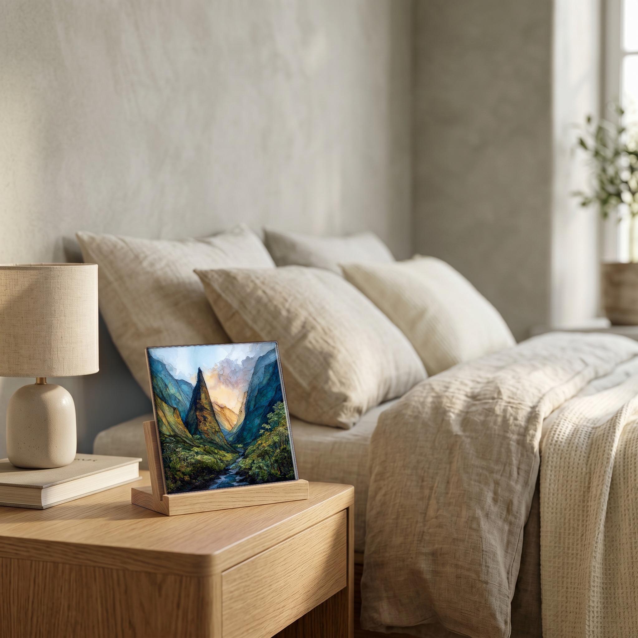 On the nightstand, on a light oak stand.
