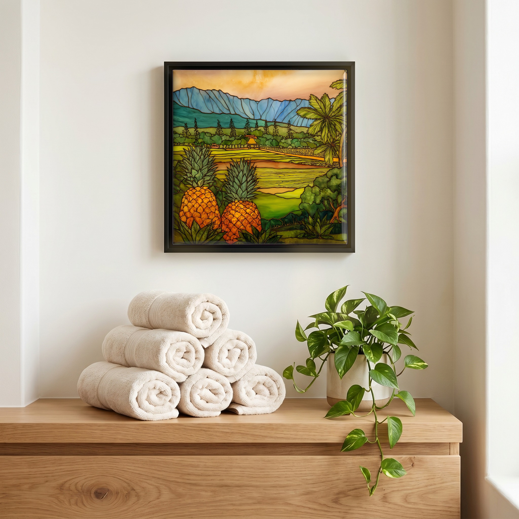 Above the linens, in a slim black surround.