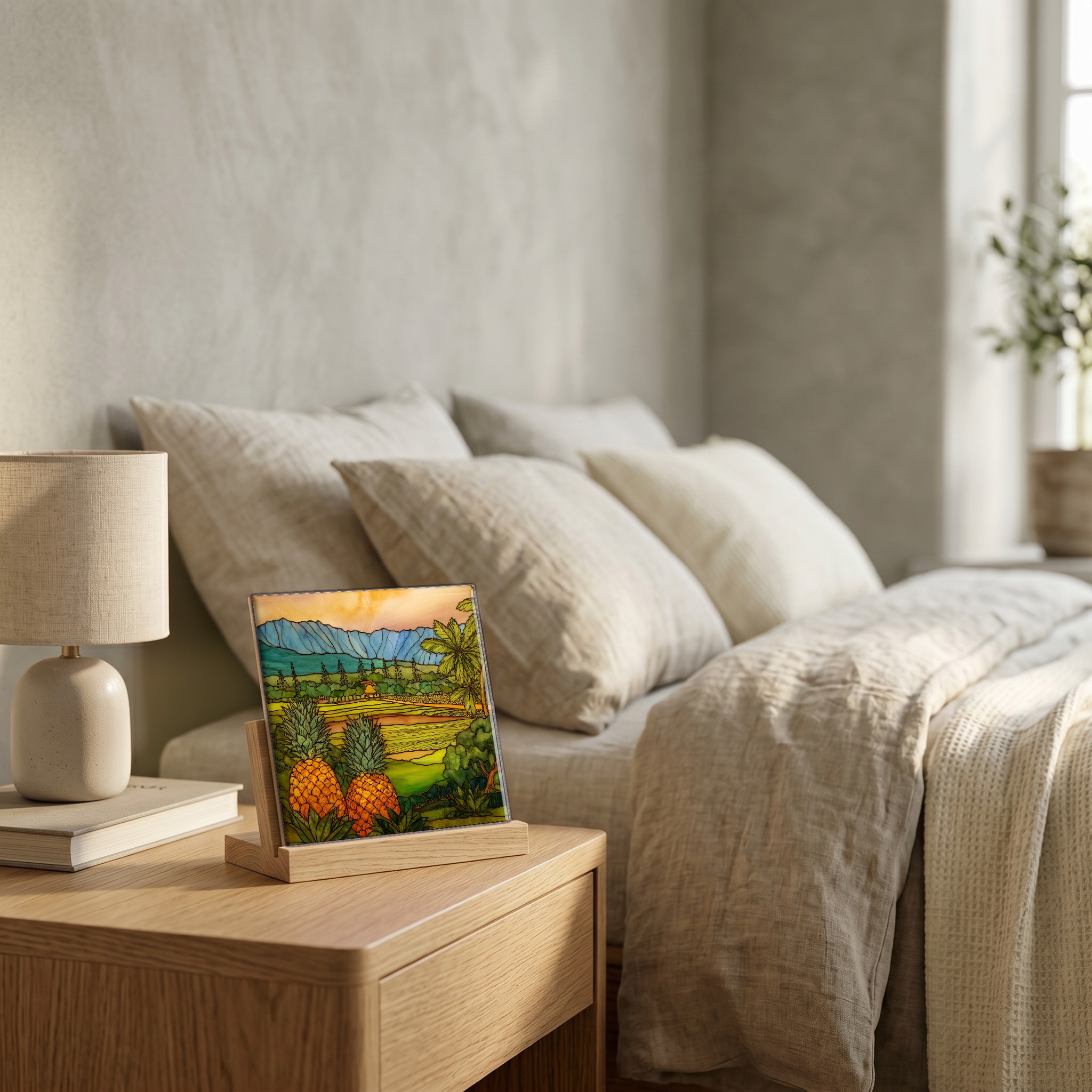 On the nightstand, on a light oak stand.