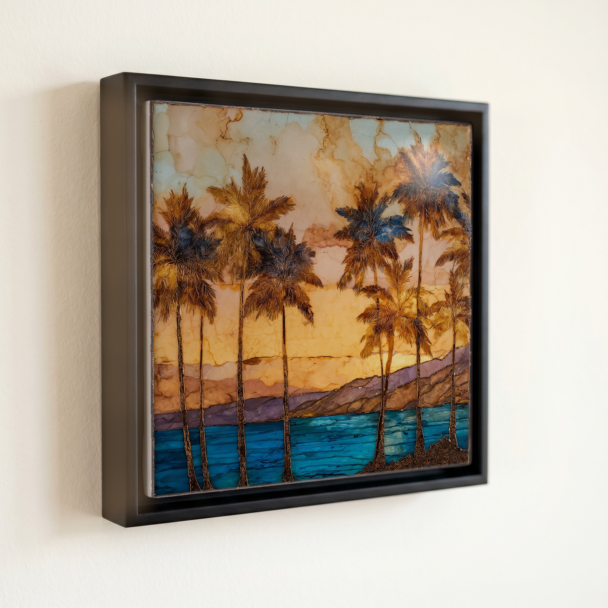 shown in a slim black floating frame · 6 × 6 in