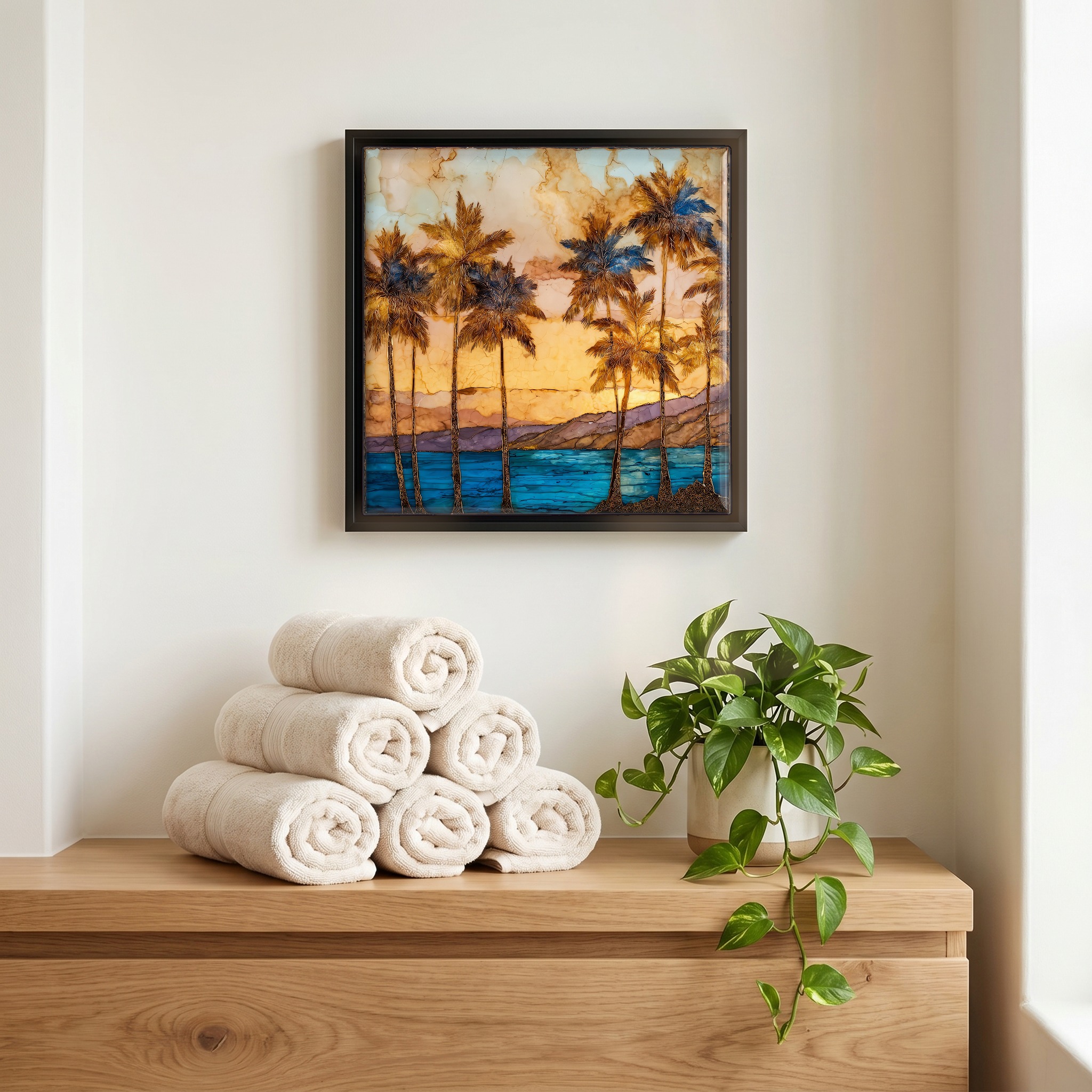 Above the linens, in a slim black surround.