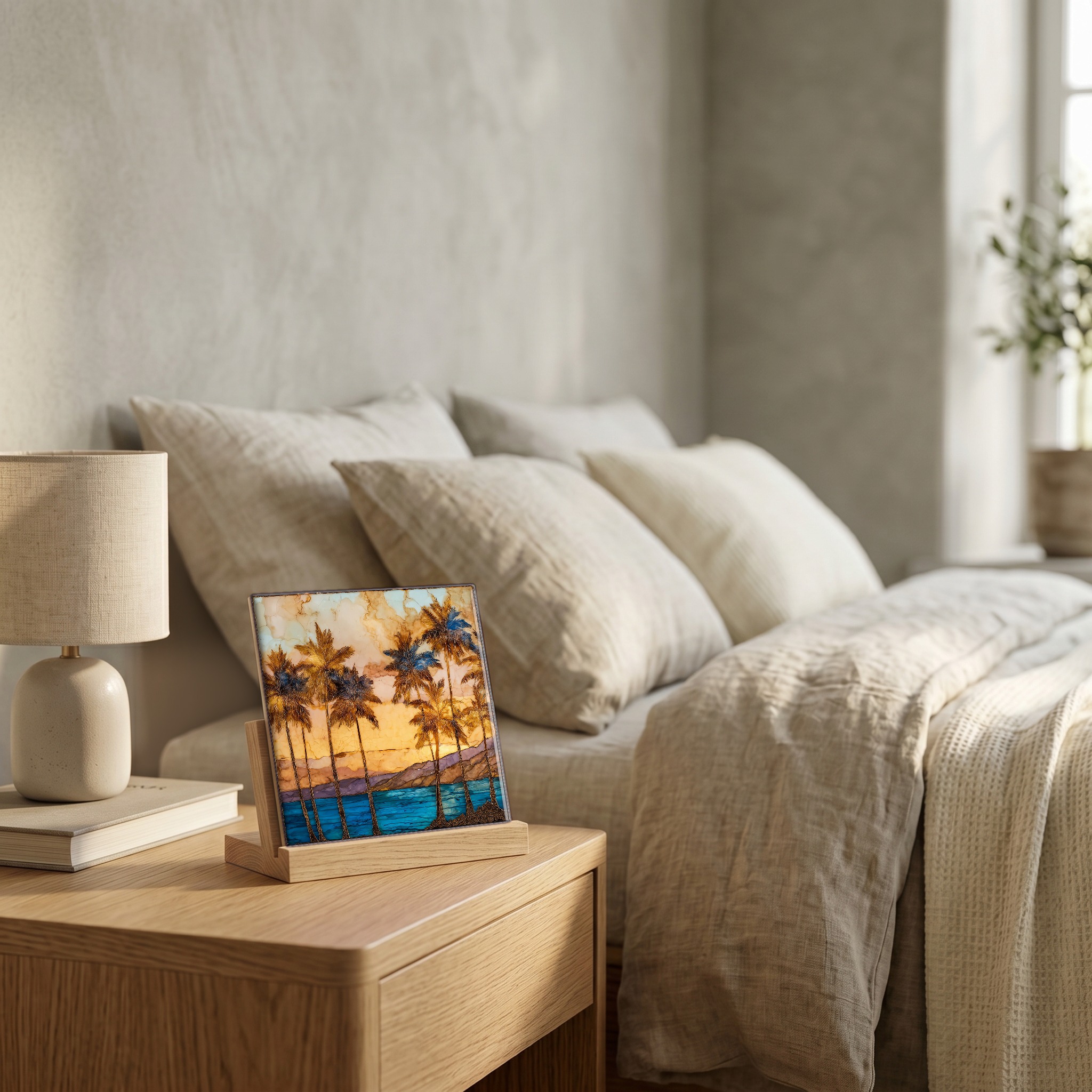 On the nightstand, on a light oak stand.