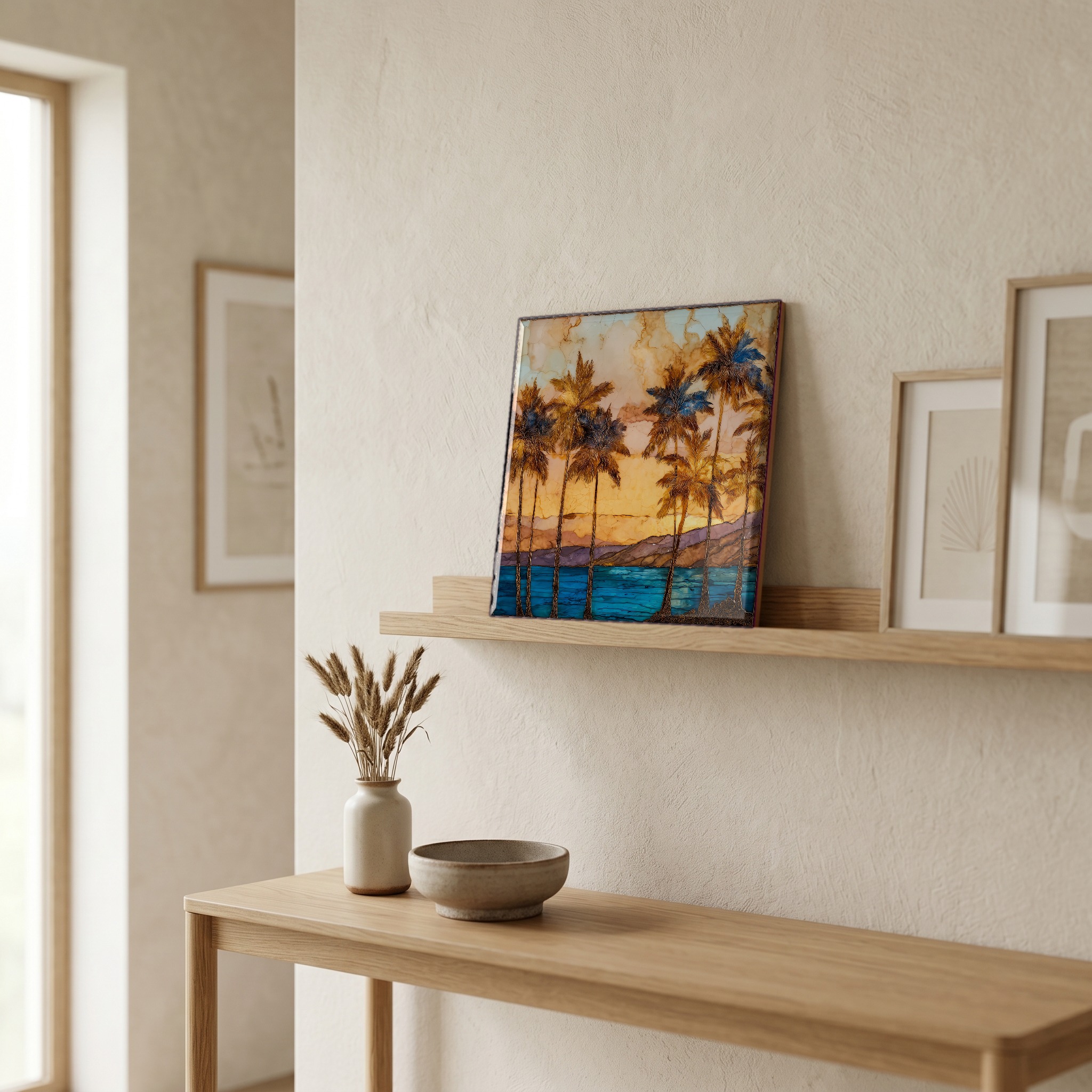 On a picture ledge, where the light comes in.