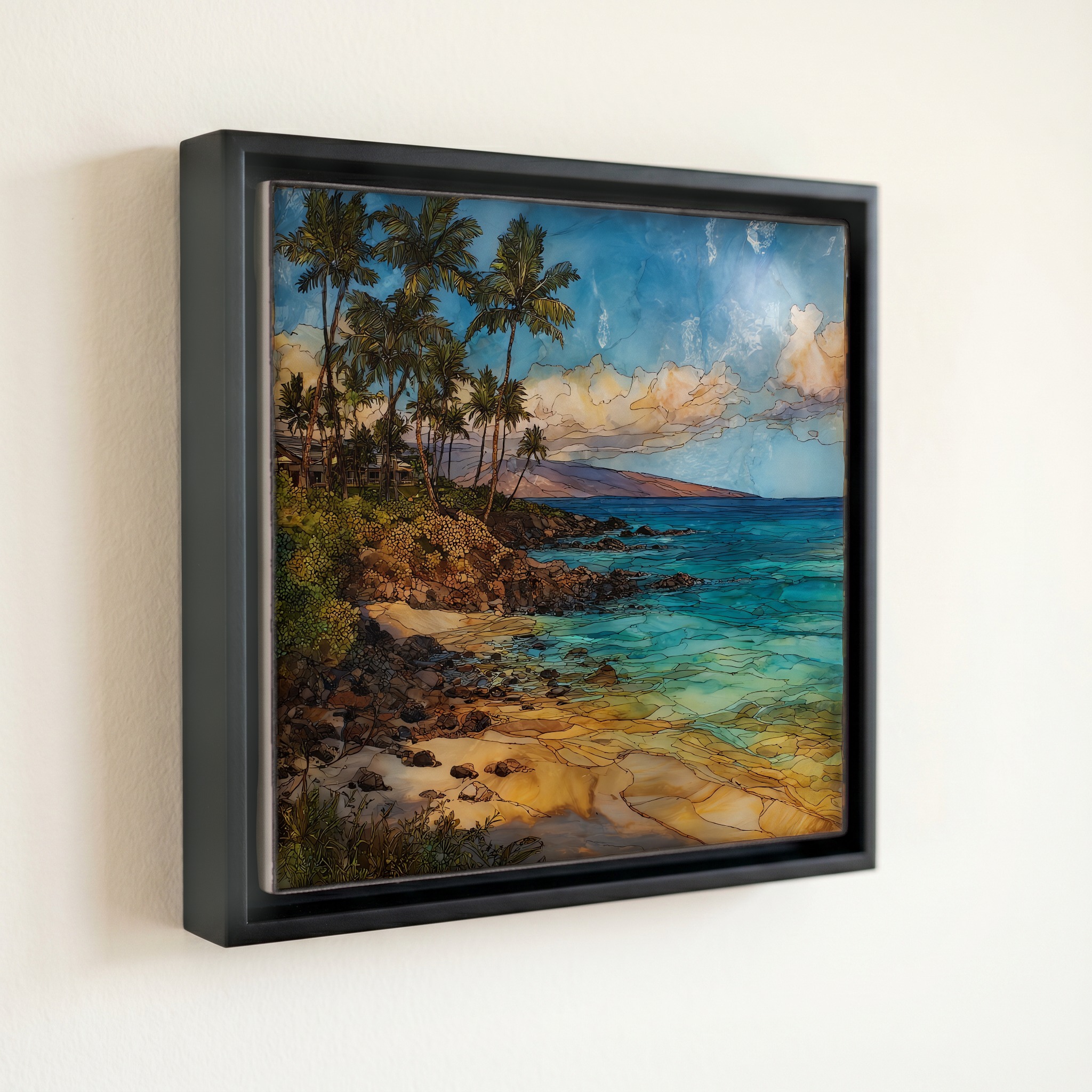 shown in a slim black floating frame · 6 × 6 in