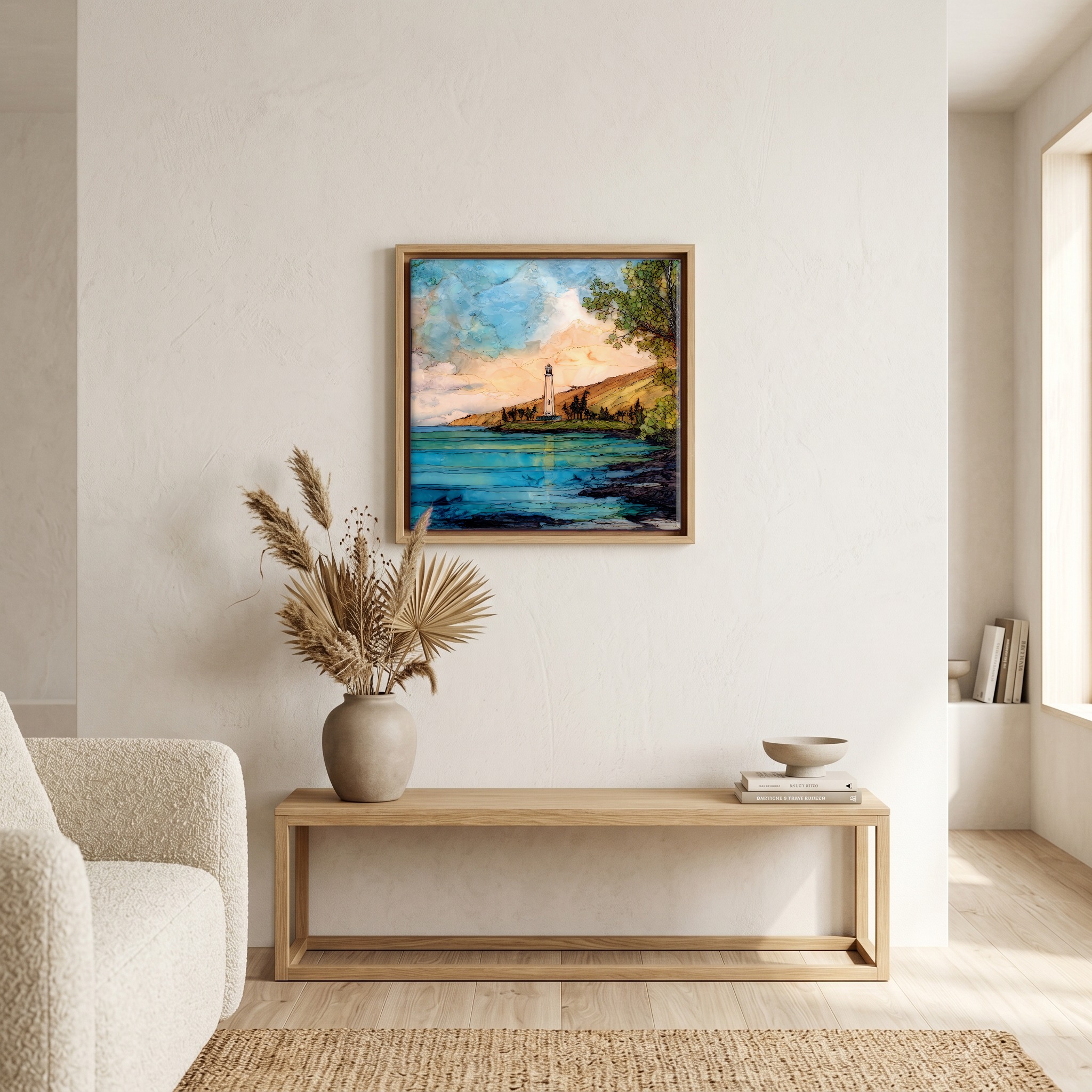 Above the bench, in a warm oak surround.