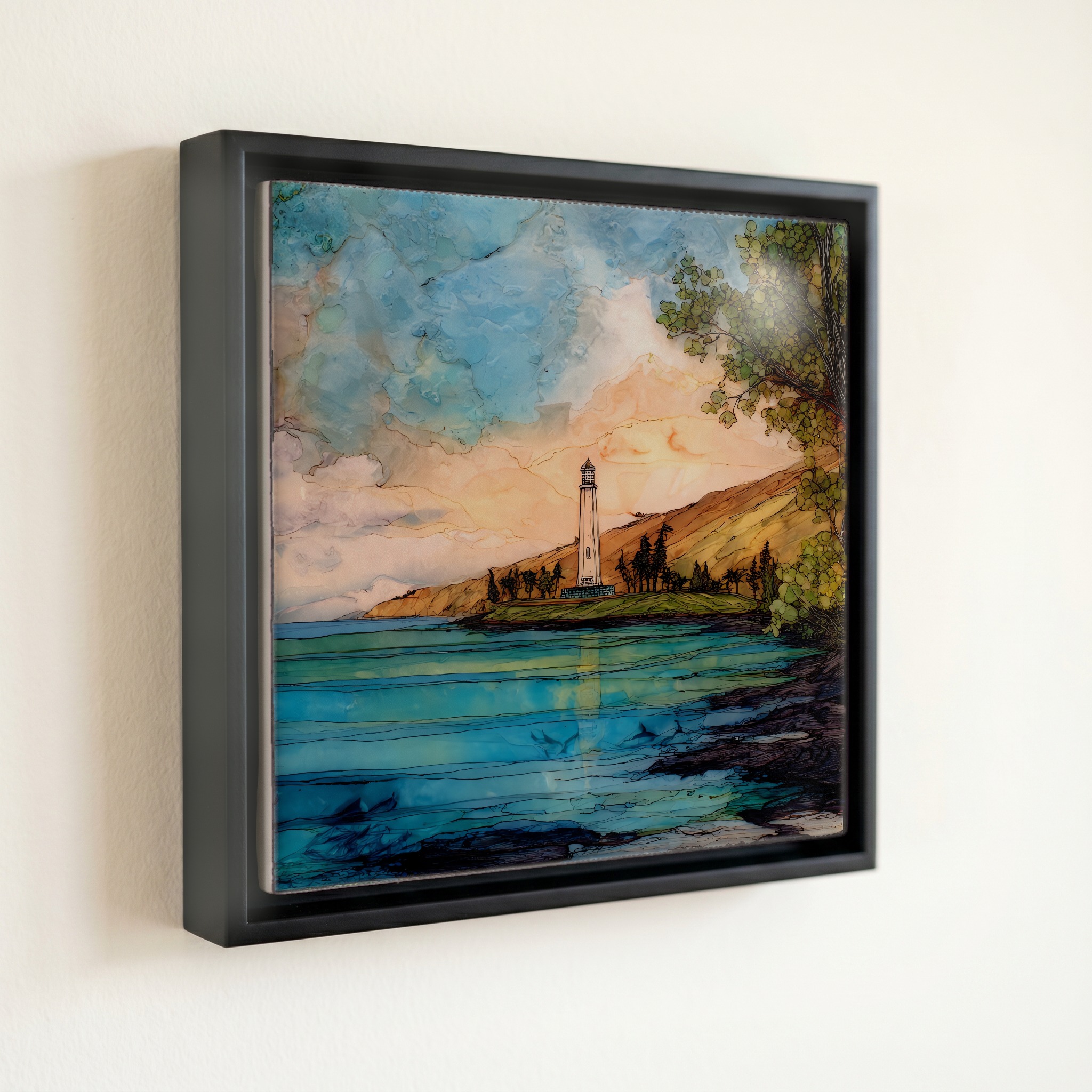 shown in a slim black floating frame · 6 × 6 in