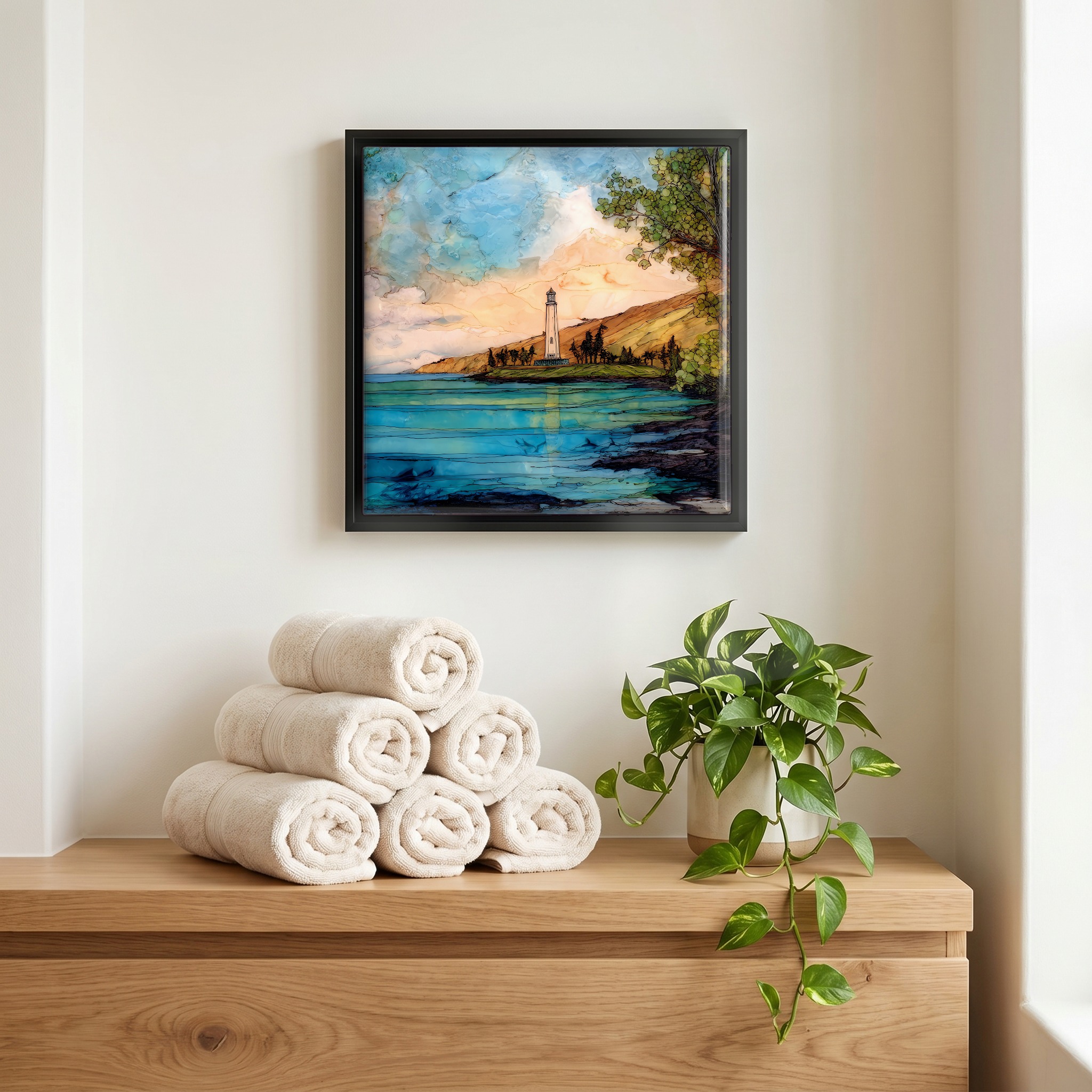 Above the linens, in a slim black surround.