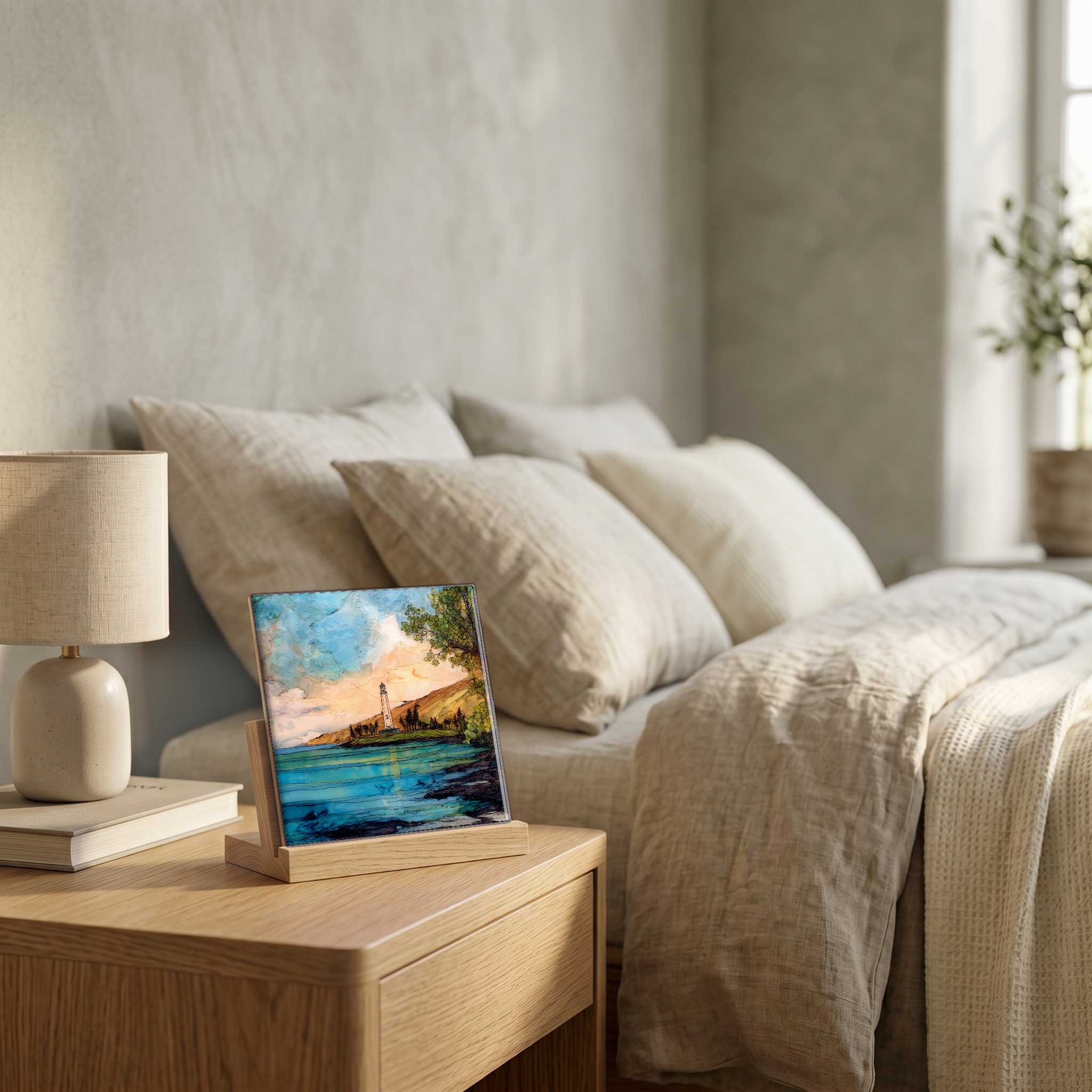 On the nightstand, on a light oak stand.