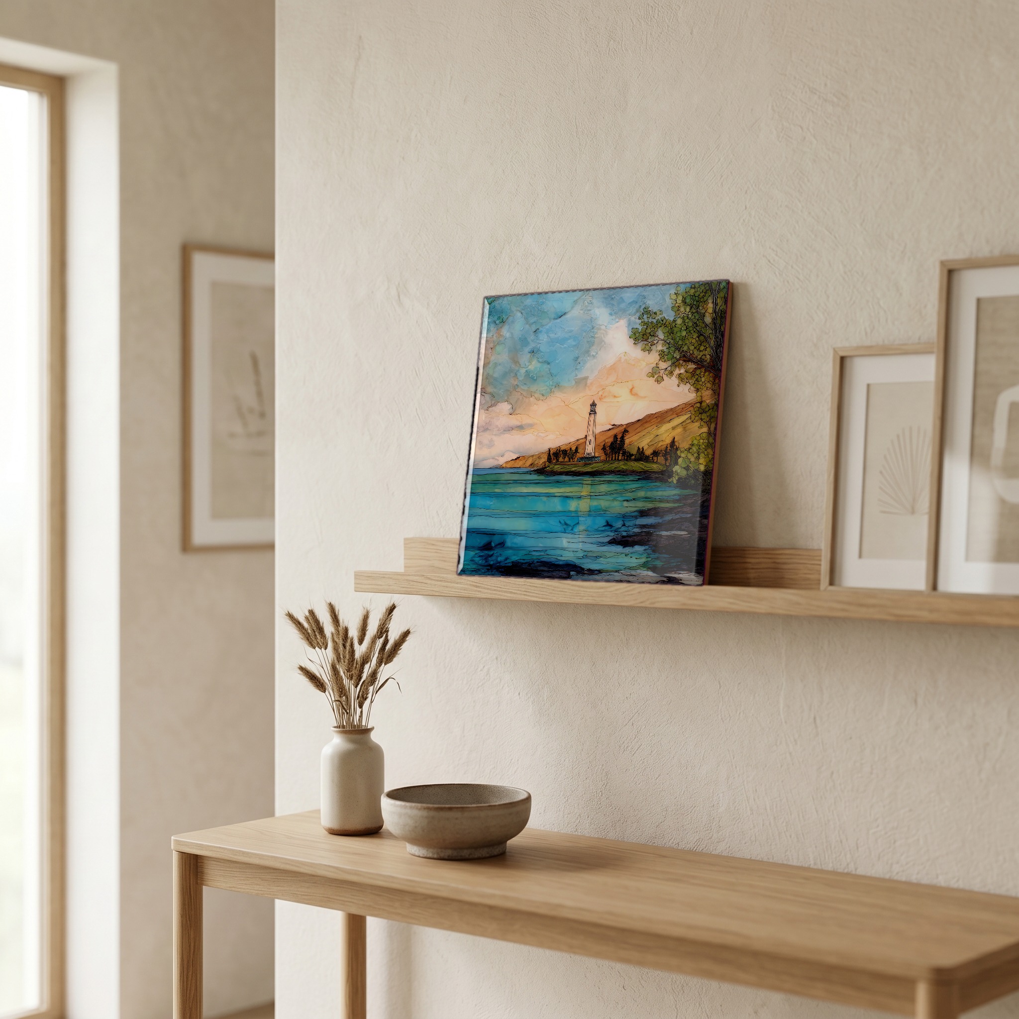 On a picture ledge, where the light comes in.