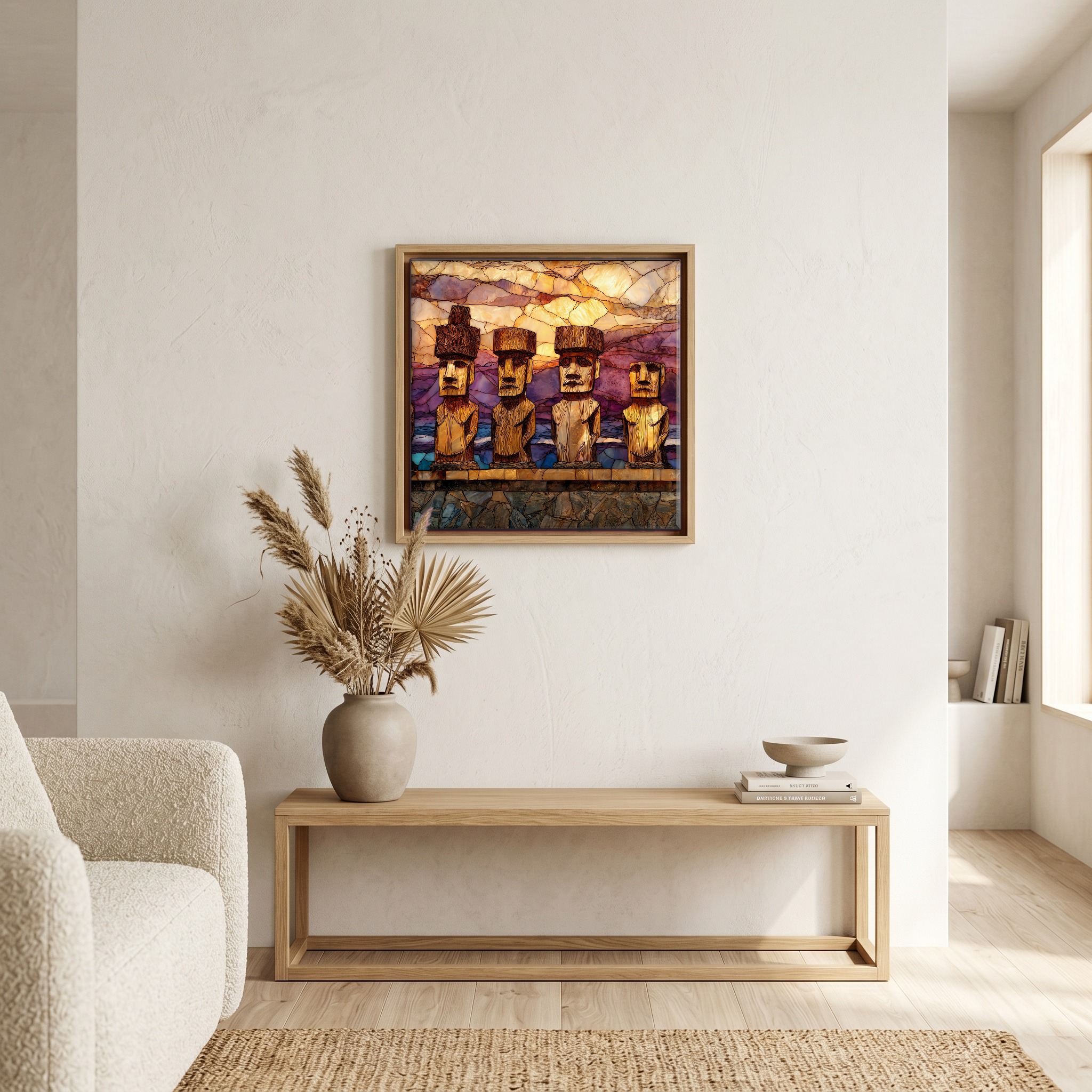 Above the bench, in a warm oak surround.