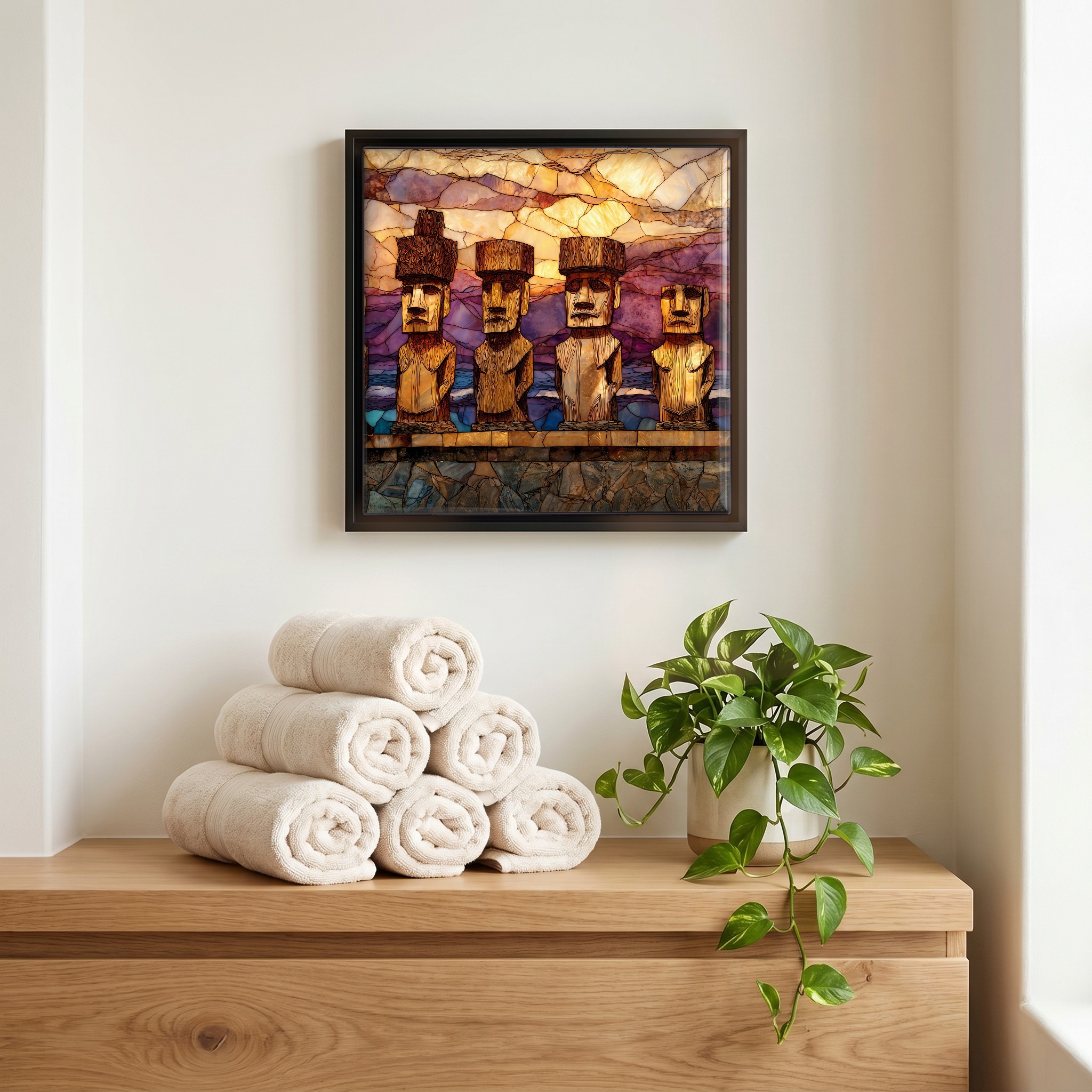 Above the linens, in a slim black surround.