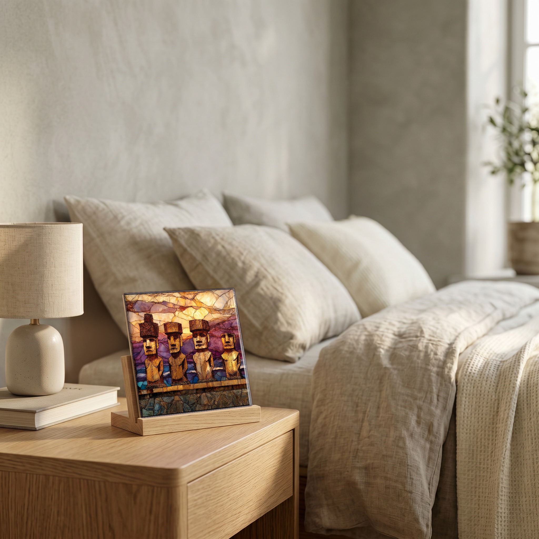 On the nightstand, on a light oak stand.