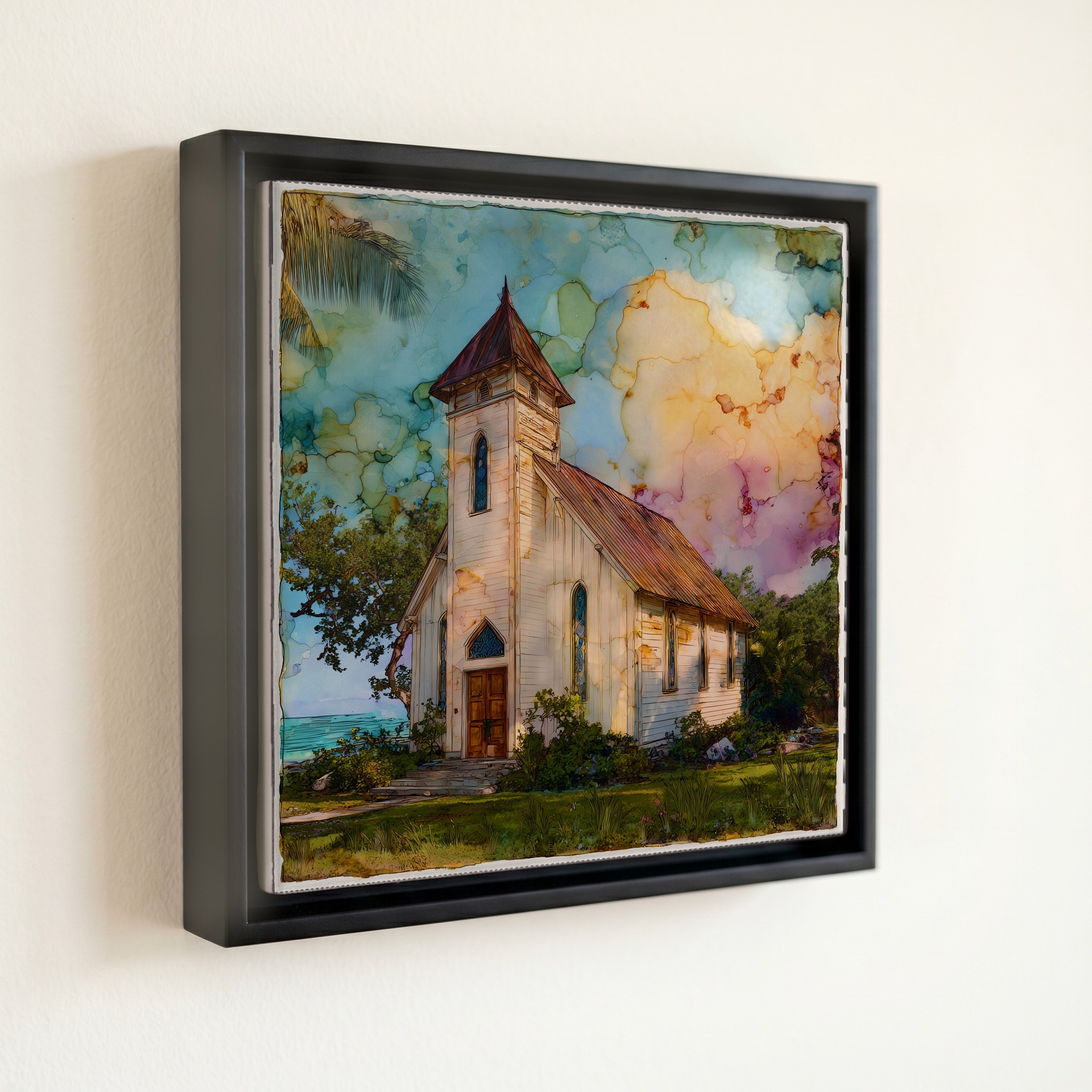 shown in a slim black floating frame · 6 × 6 in