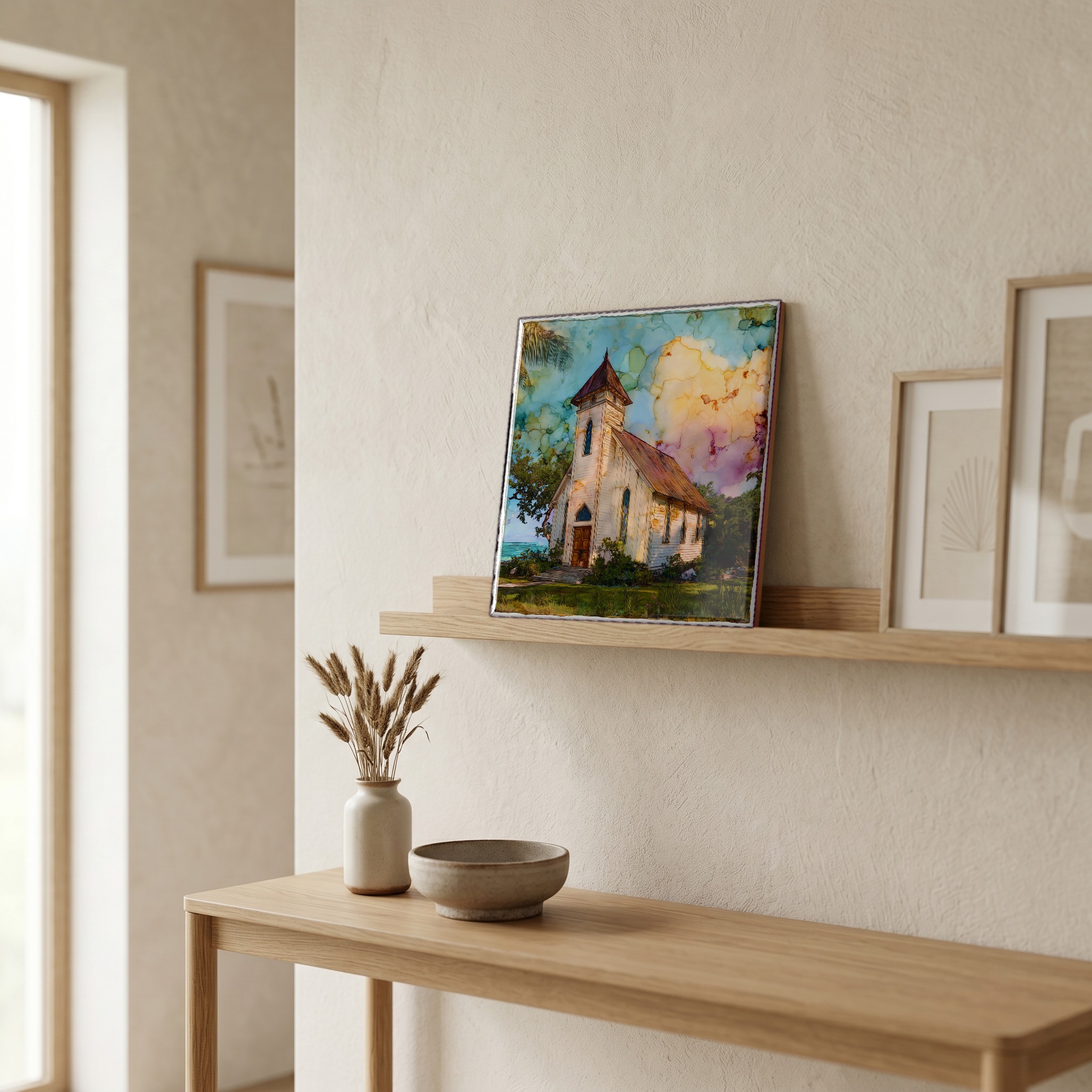 On a picture ledge, where the light comes in.