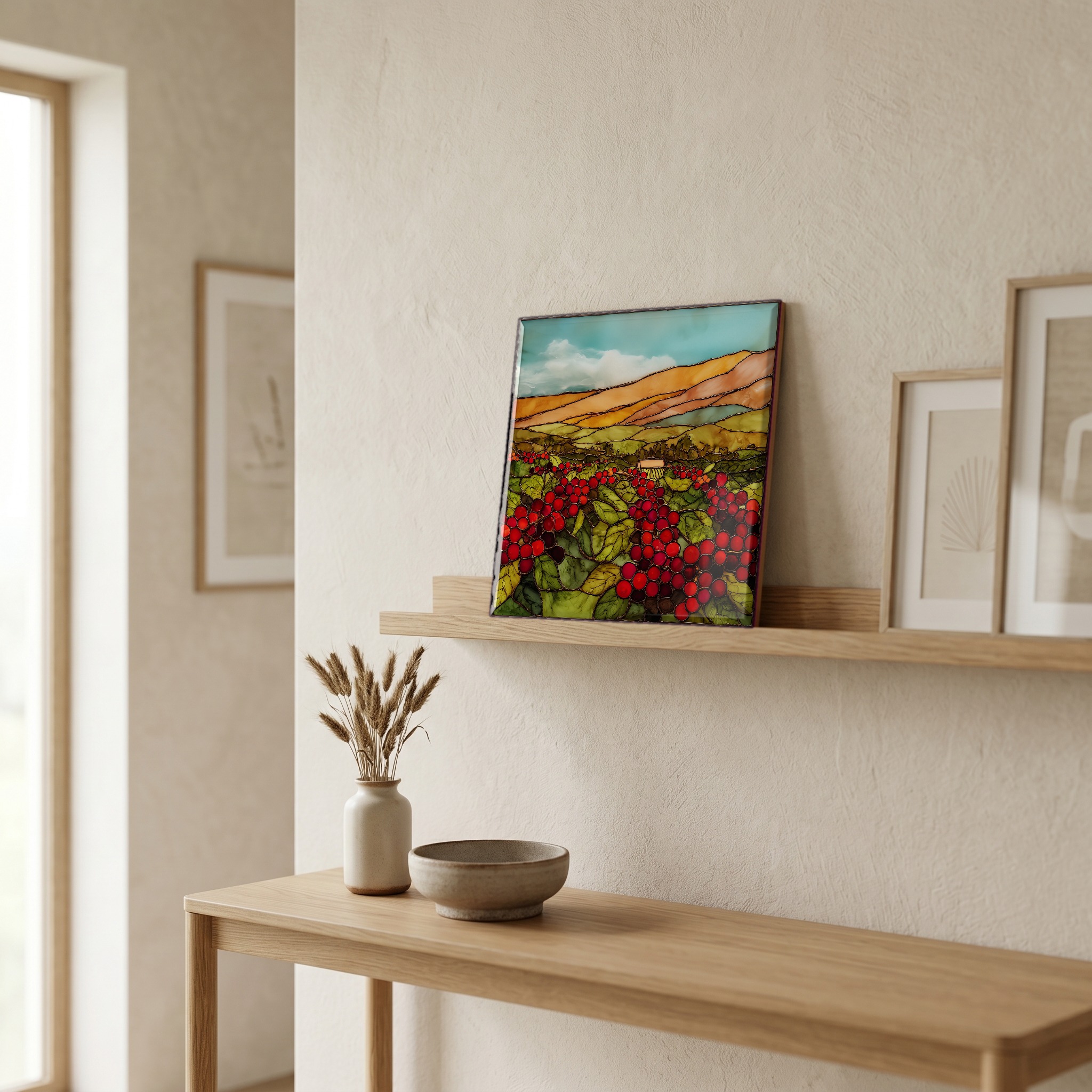 On a picture ledge, where the light comes in.