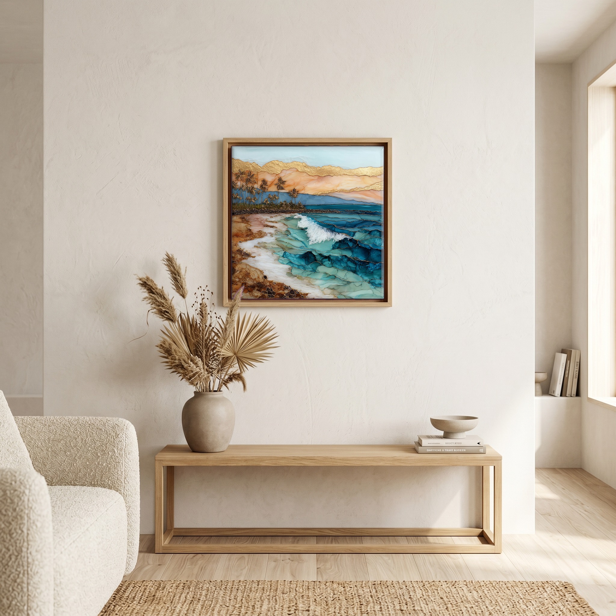 Above the bench, in a warm oak surround.