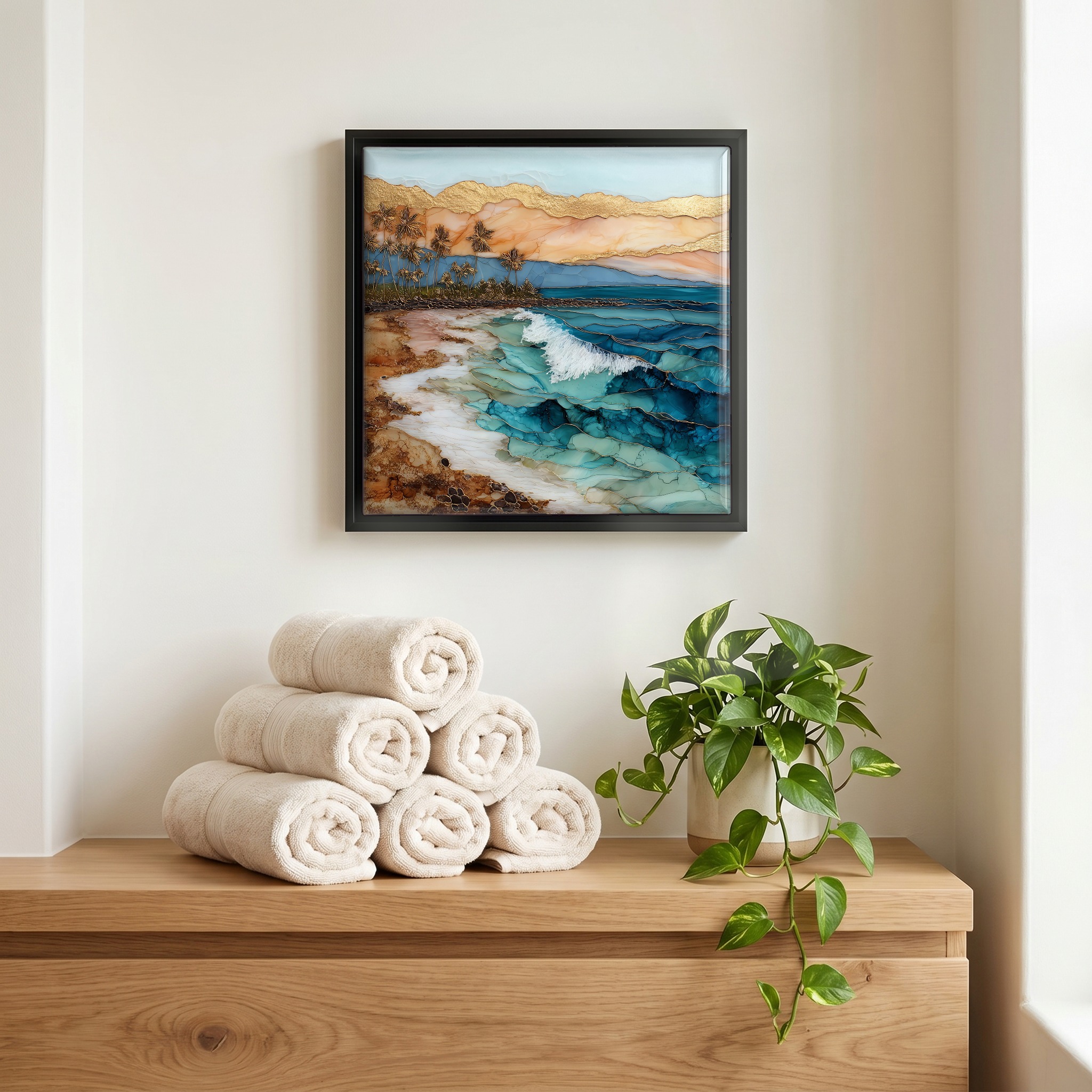 Above the linens, in a slim black surround.