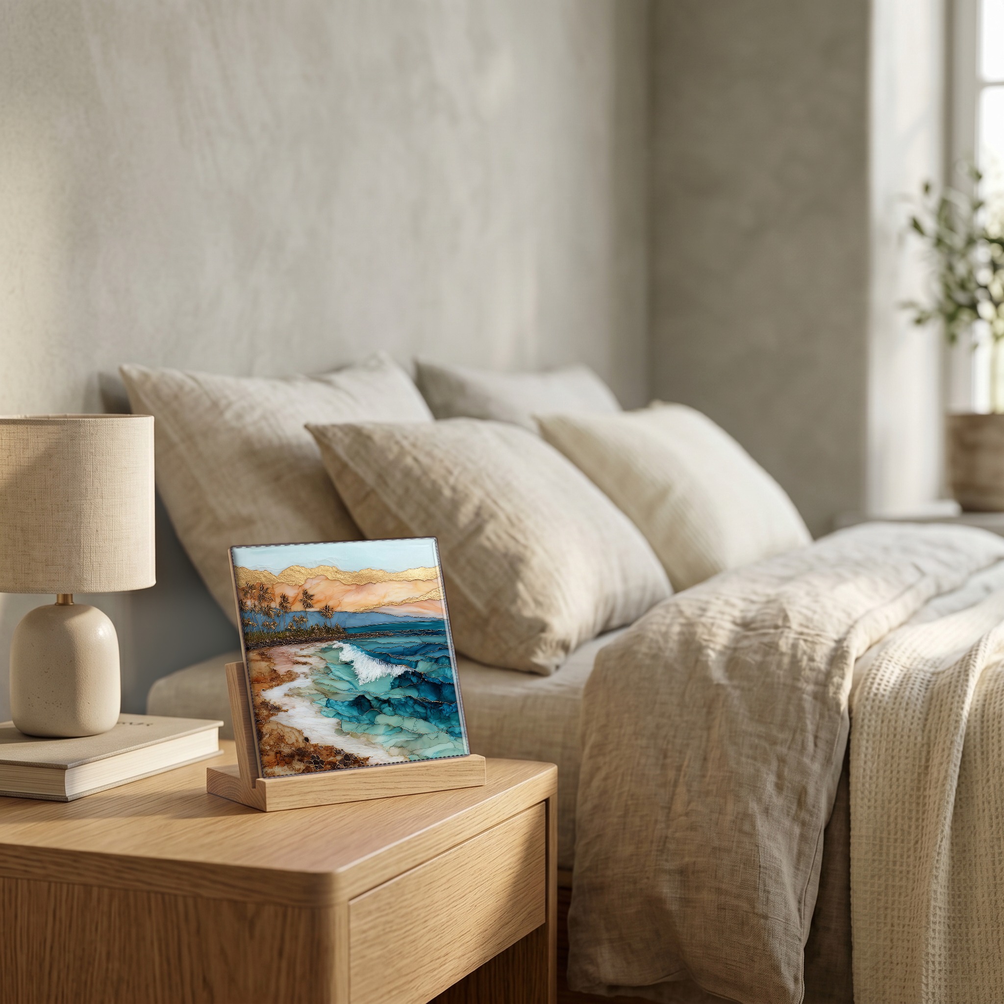 On the nightstand, on a light oak stand.