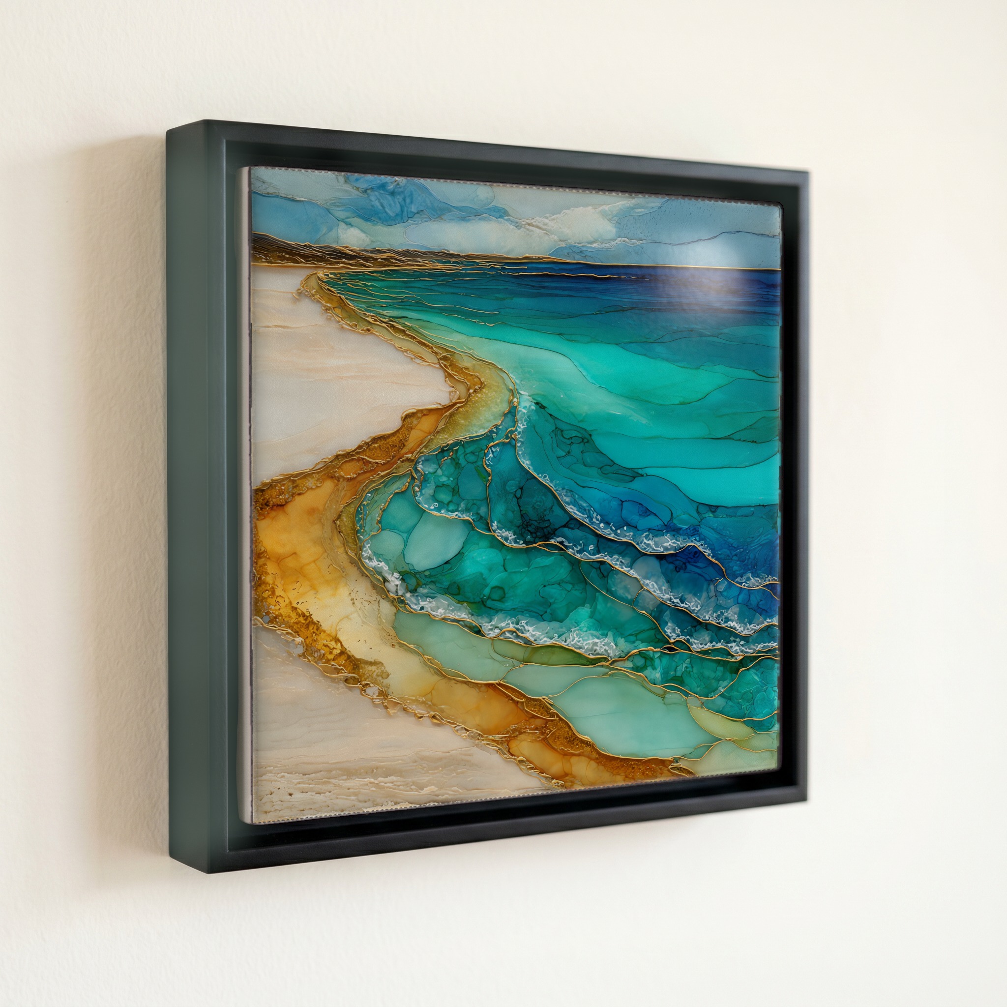 shown in a slim black floating frame · 6 × 6 in