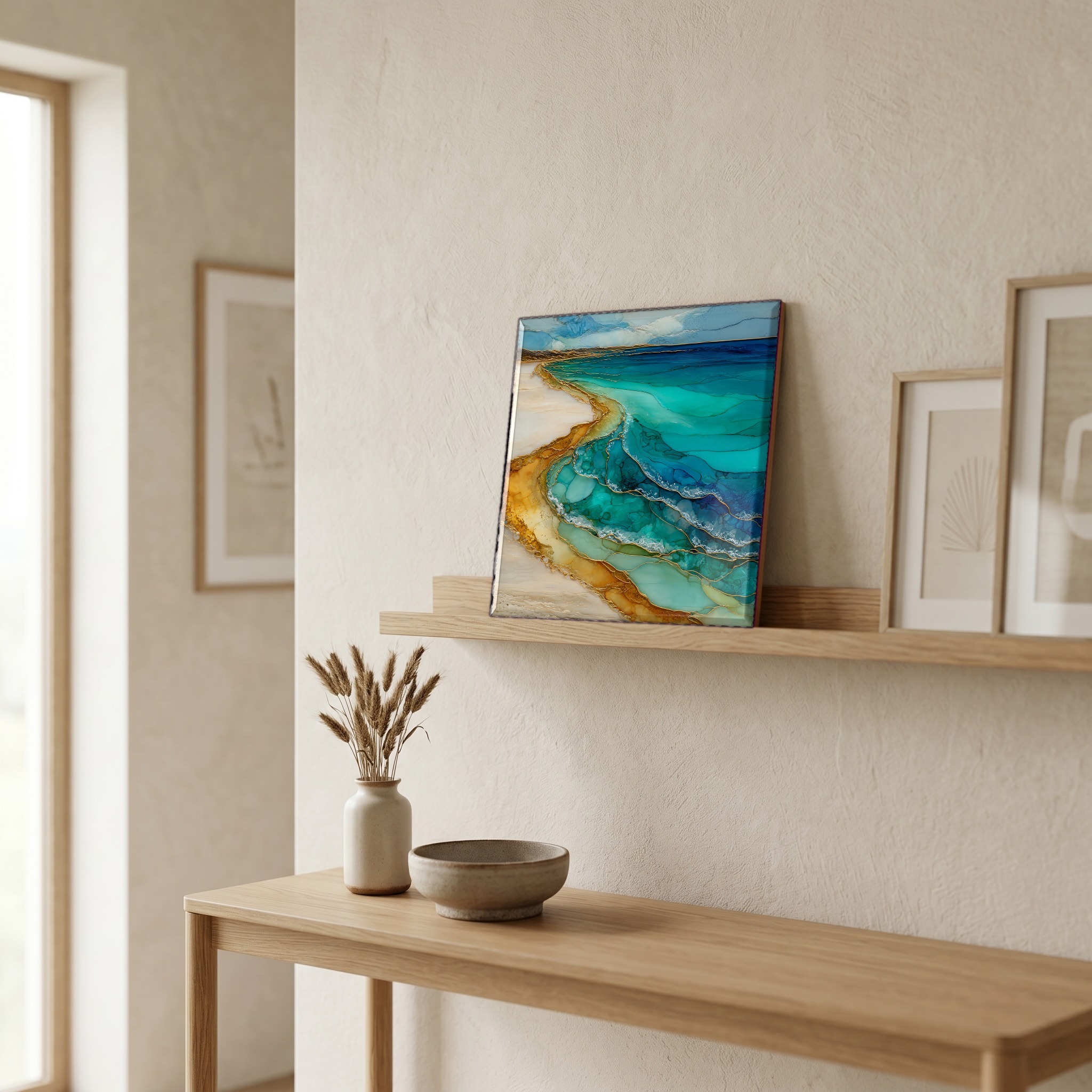 On a picture ledge, where the light comes in.