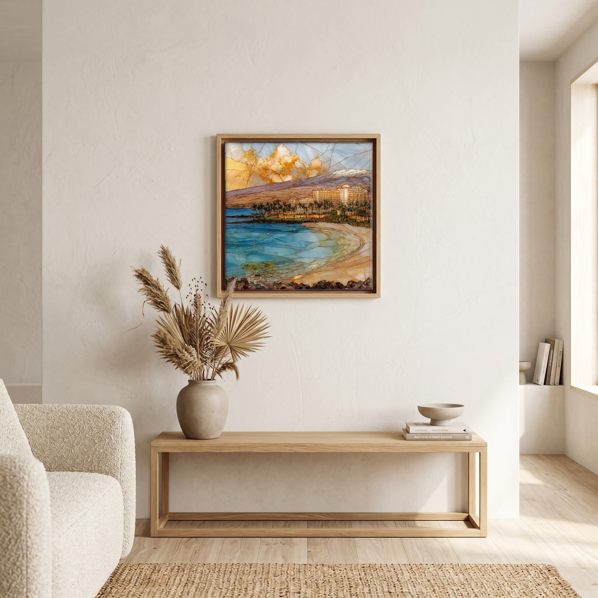 Above the bench, in a warm oak surround.